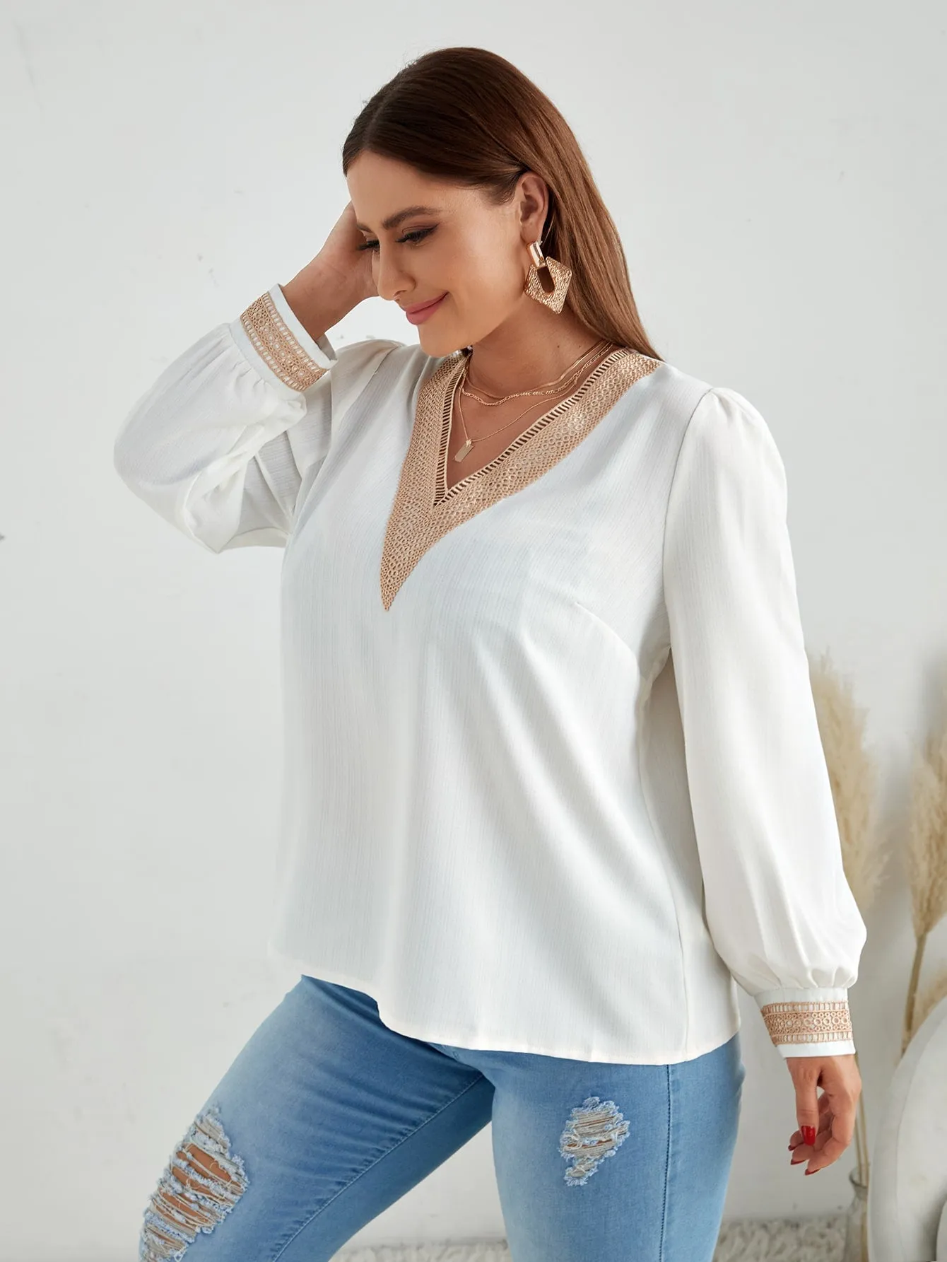 Colorblock Contrast Lace Long Sleeve V Neck Regular Plus Size Blouse