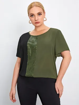 Colorblock Contrast Sequin Short Sleeve Round Neck Regular Plus Blouse
