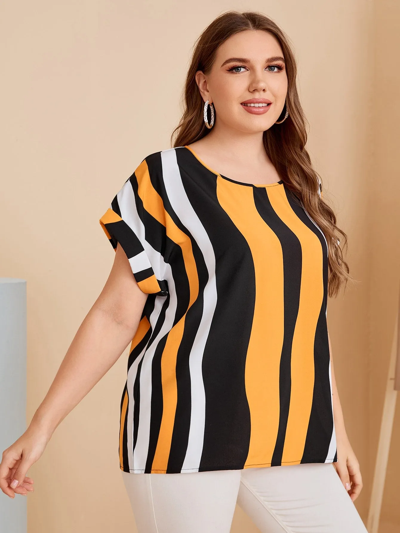 Colorblock Short Sleeve Round Neck Regular Plus Size Blouse