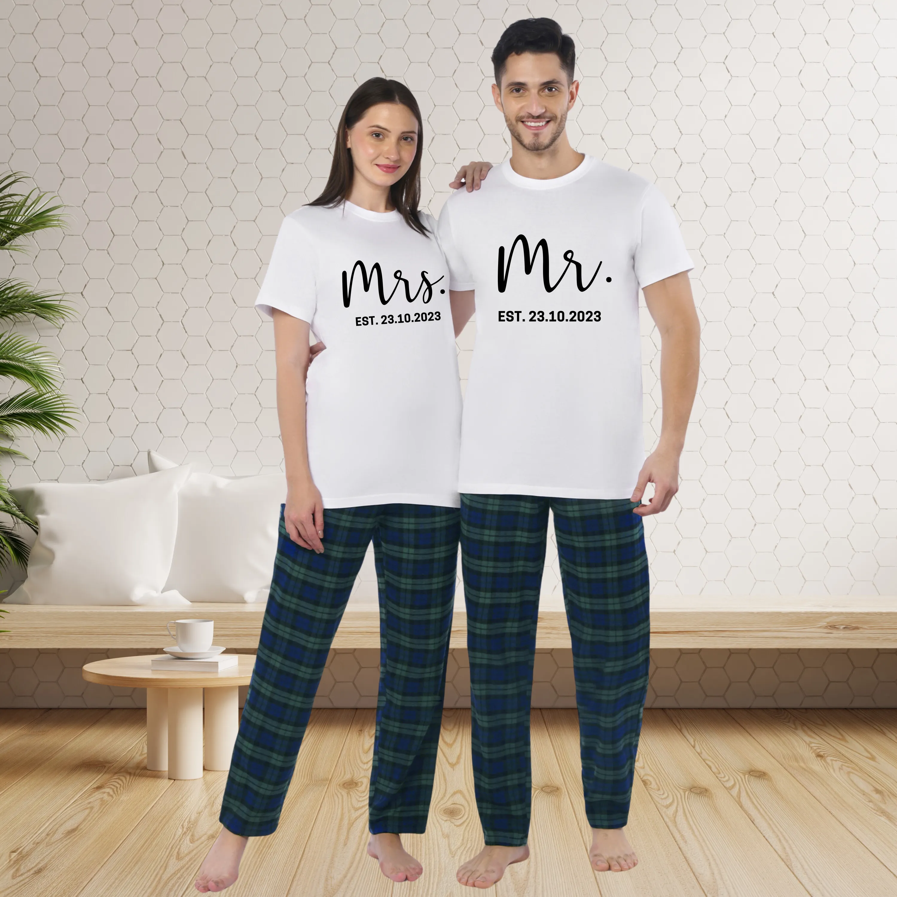 Couples Matching White T-Shirt with Green Pants - Mr Mrs