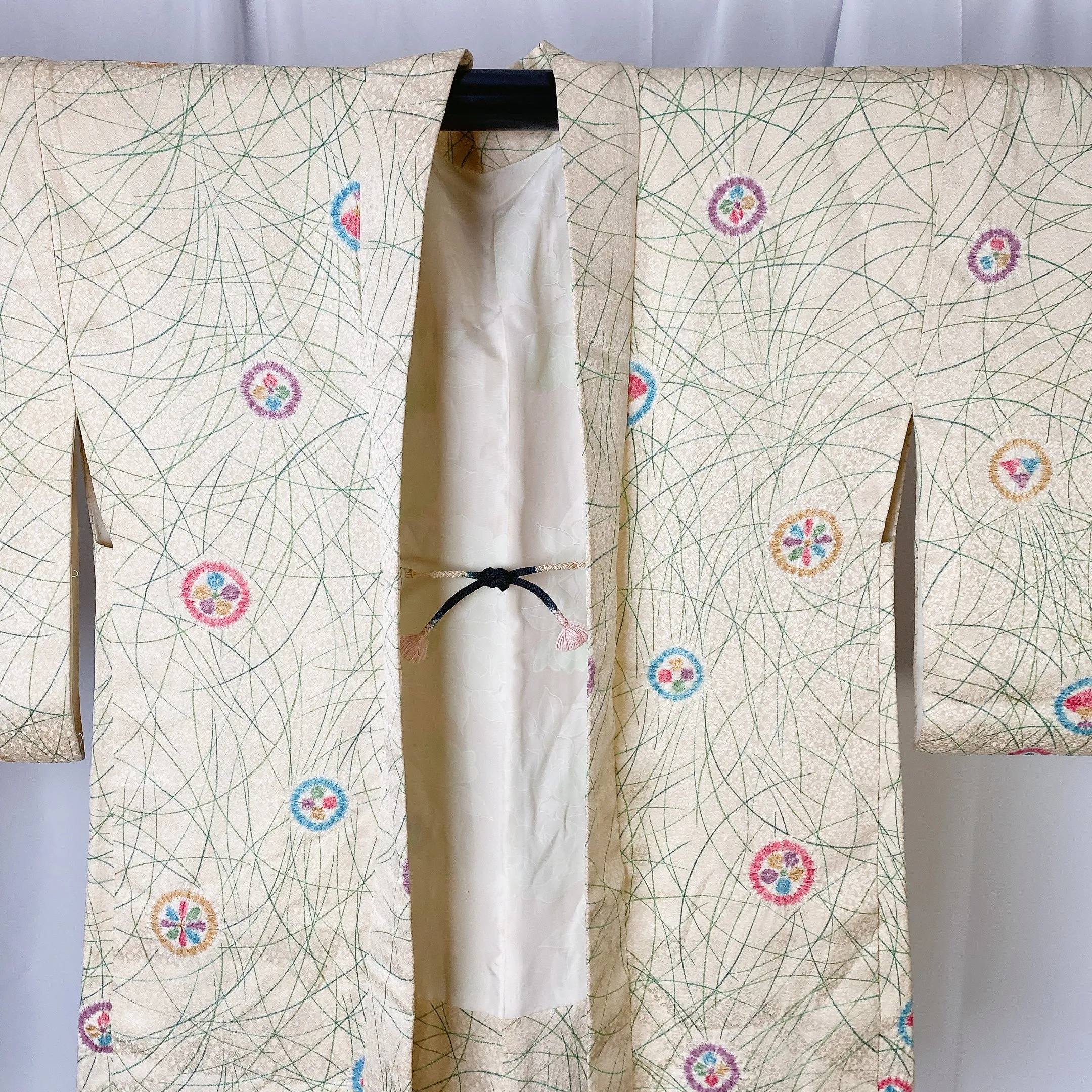 Cream Haori Haori, Shibori, Japanese Kimono, Stains, Poor Condition, Cardigan, Women's Jacket, Silk Long outer,  Casual Layer, Versatile-K