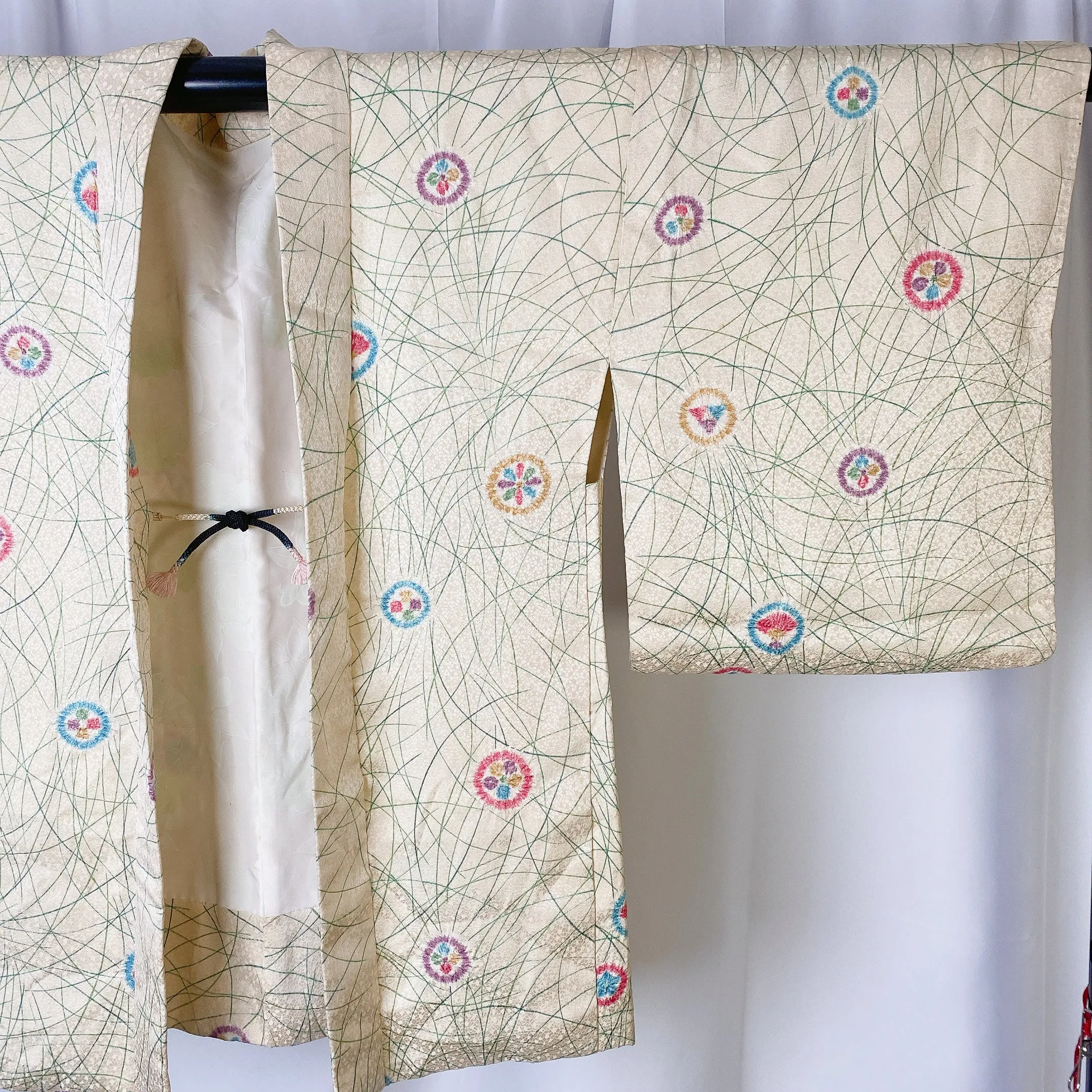 Cream Haori Haori, Shibori, Japanese Kimono, Stains, Poor Condition, Cardigan, Women's Jacket, Silk Long outer,  Casual Layer, Versatile-K