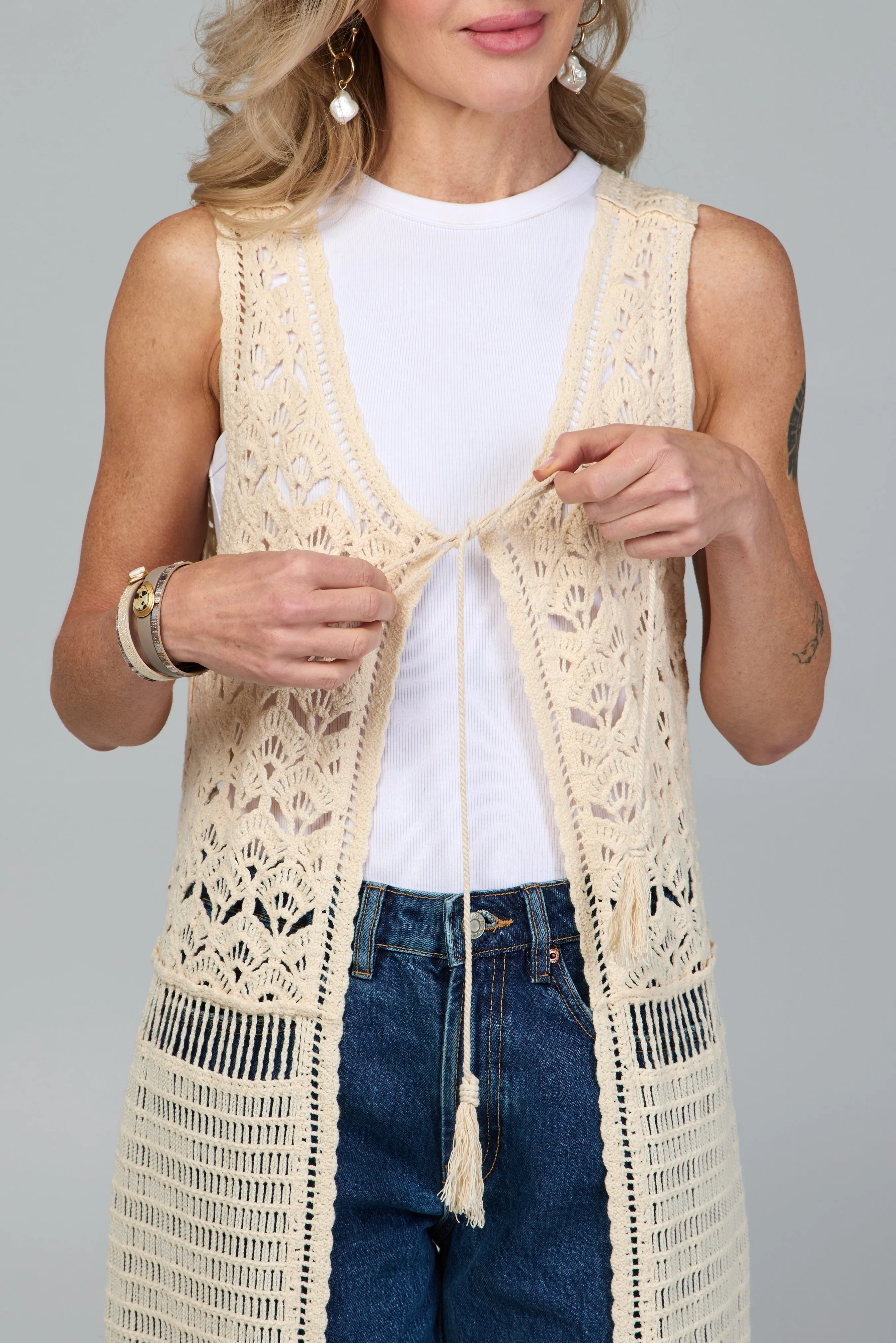 Crochet Tie Front Long Kimono