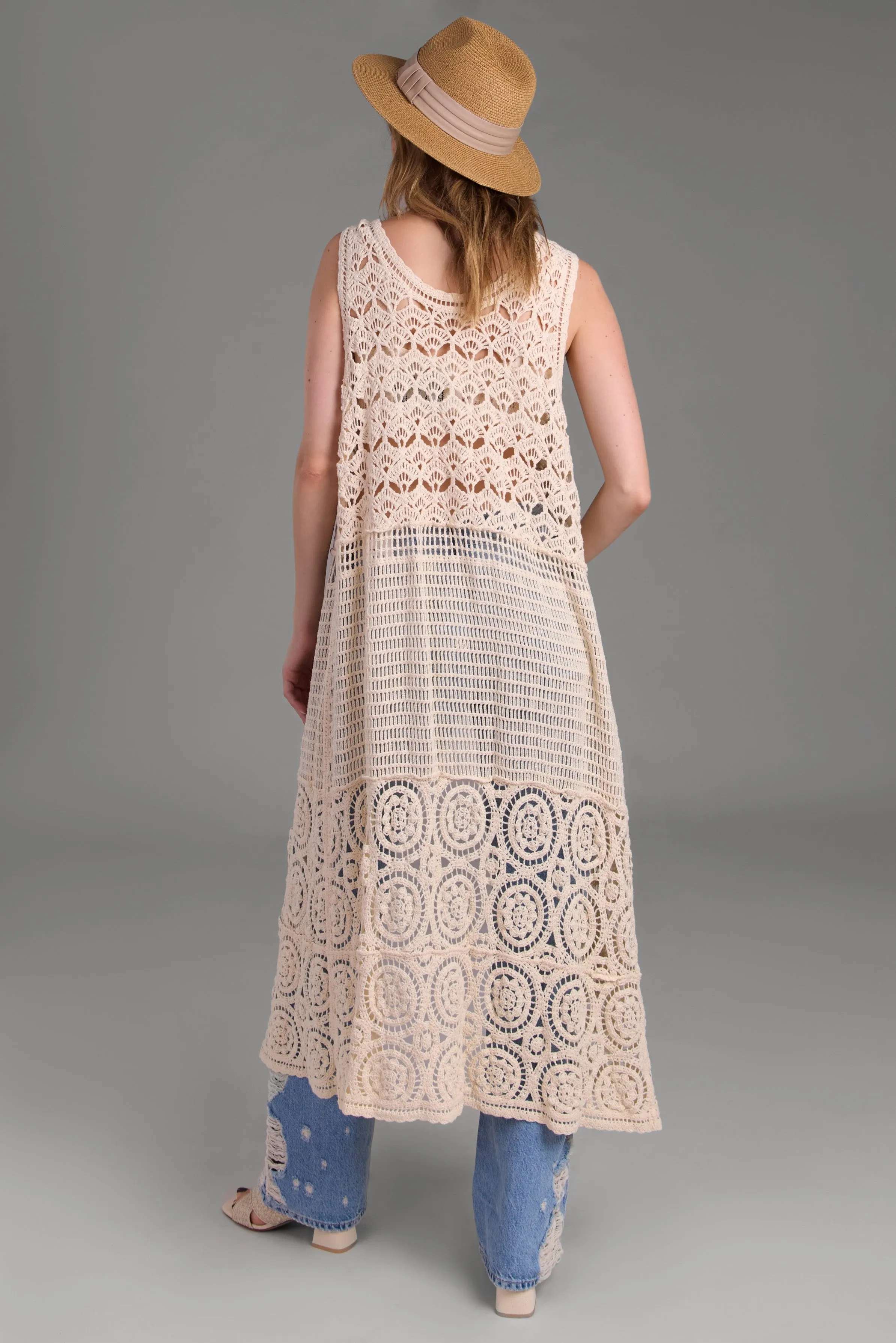 Crochet Tie Front Long Kimono