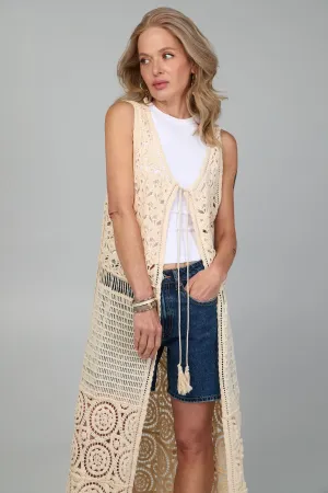 Crochet Tie Front Long Kimono