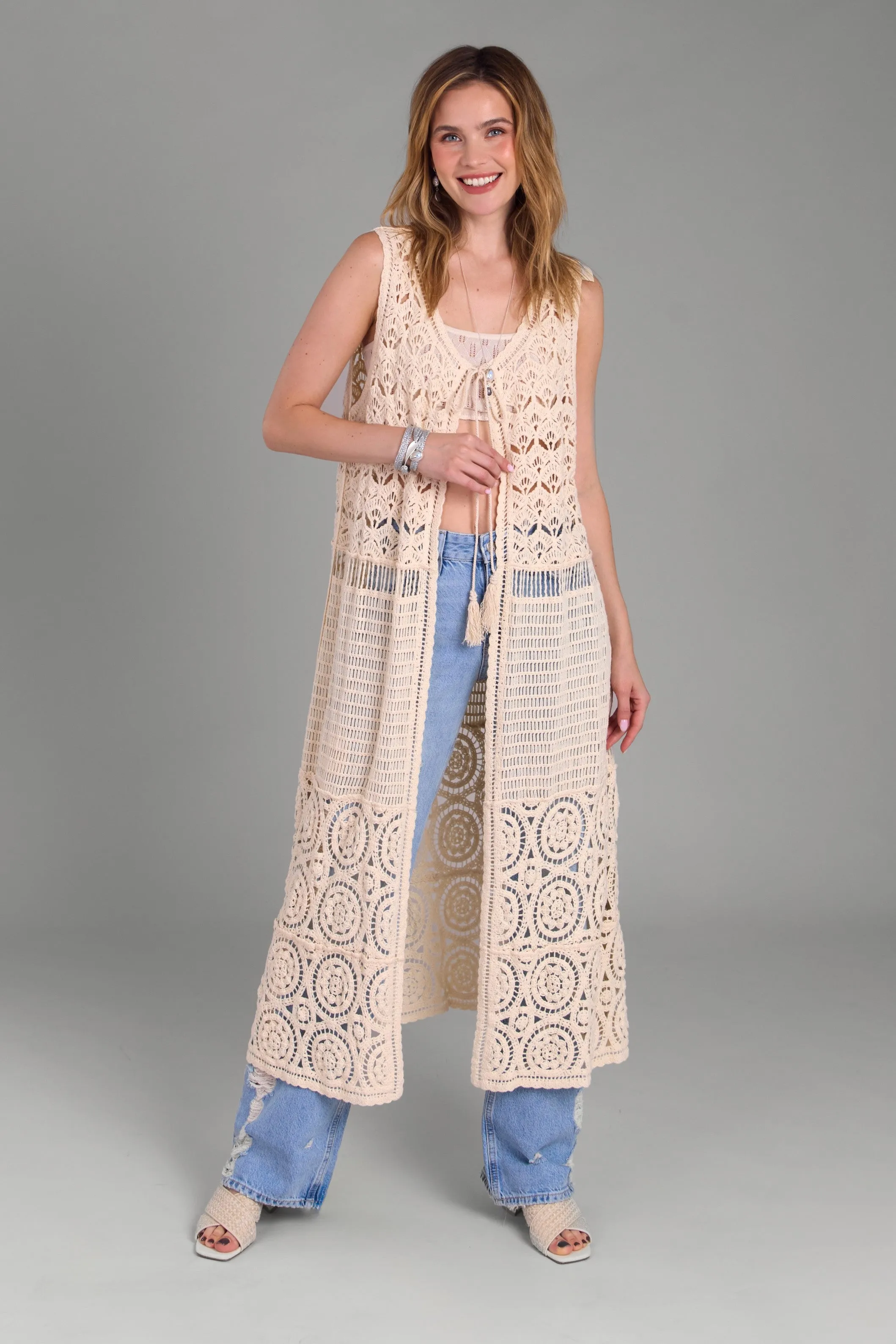 Crochet Tie Front Long Kimono