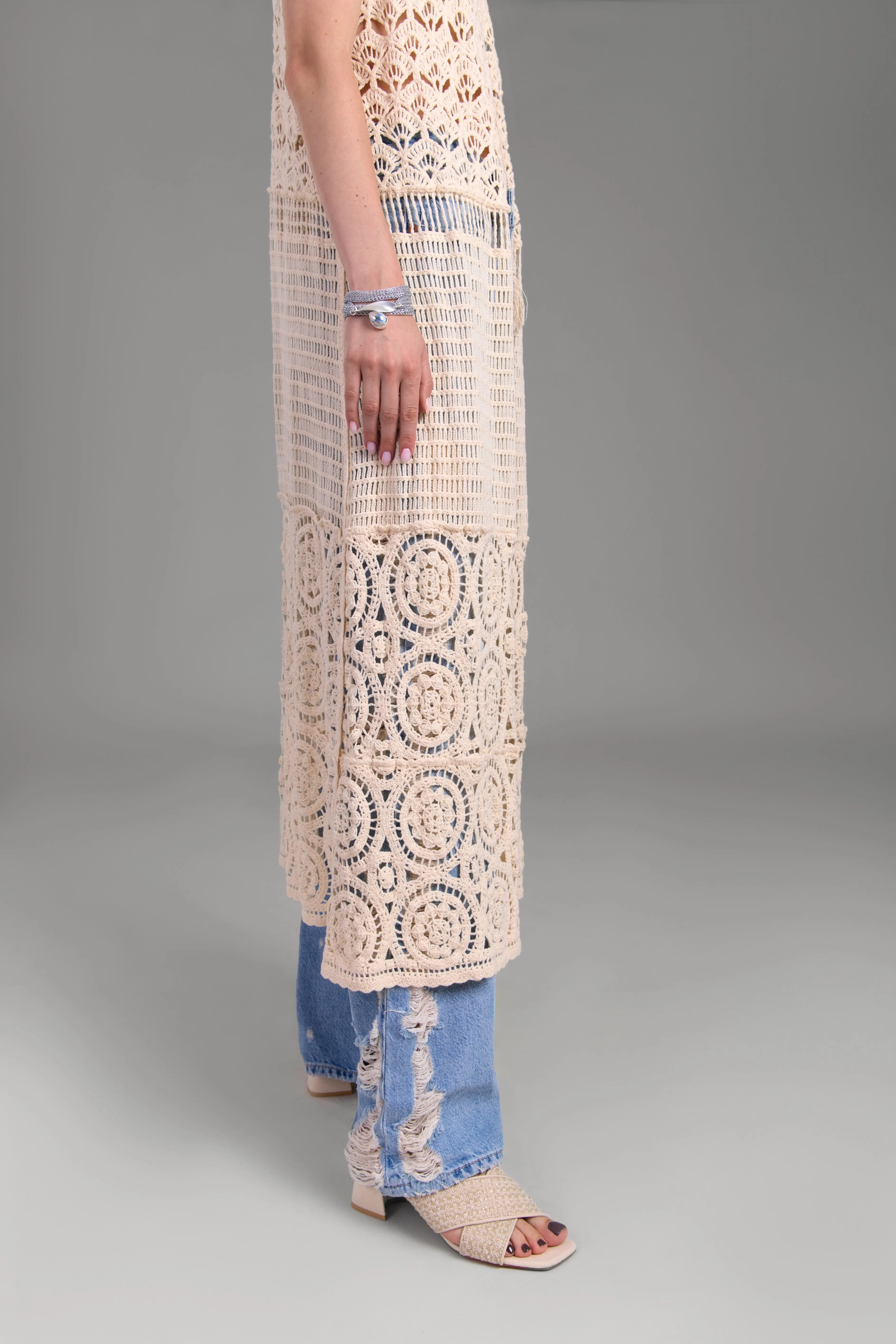 Crochet Tie Front Long Kimono