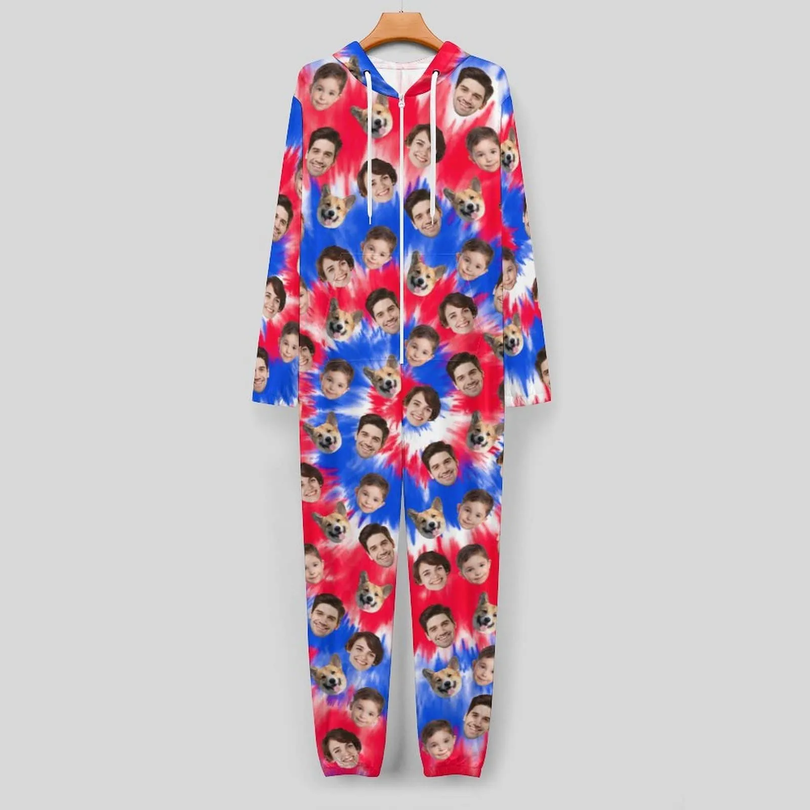 Custom Face American Flag Unisex Adult Hooded Onesie Jumpsuits with Pocket Personalized Zip One-piece Pajamas