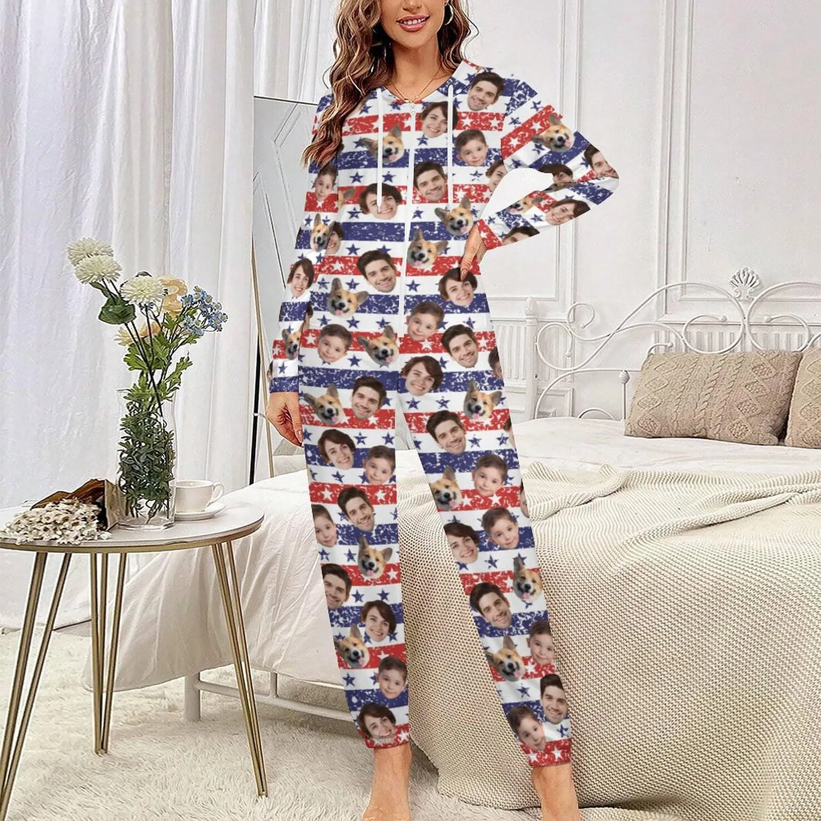 Custom Face American Flag Unisex Adult Hooded Onesie Jumpsuits with Pocket Personalized Zip One-piece Pajamas