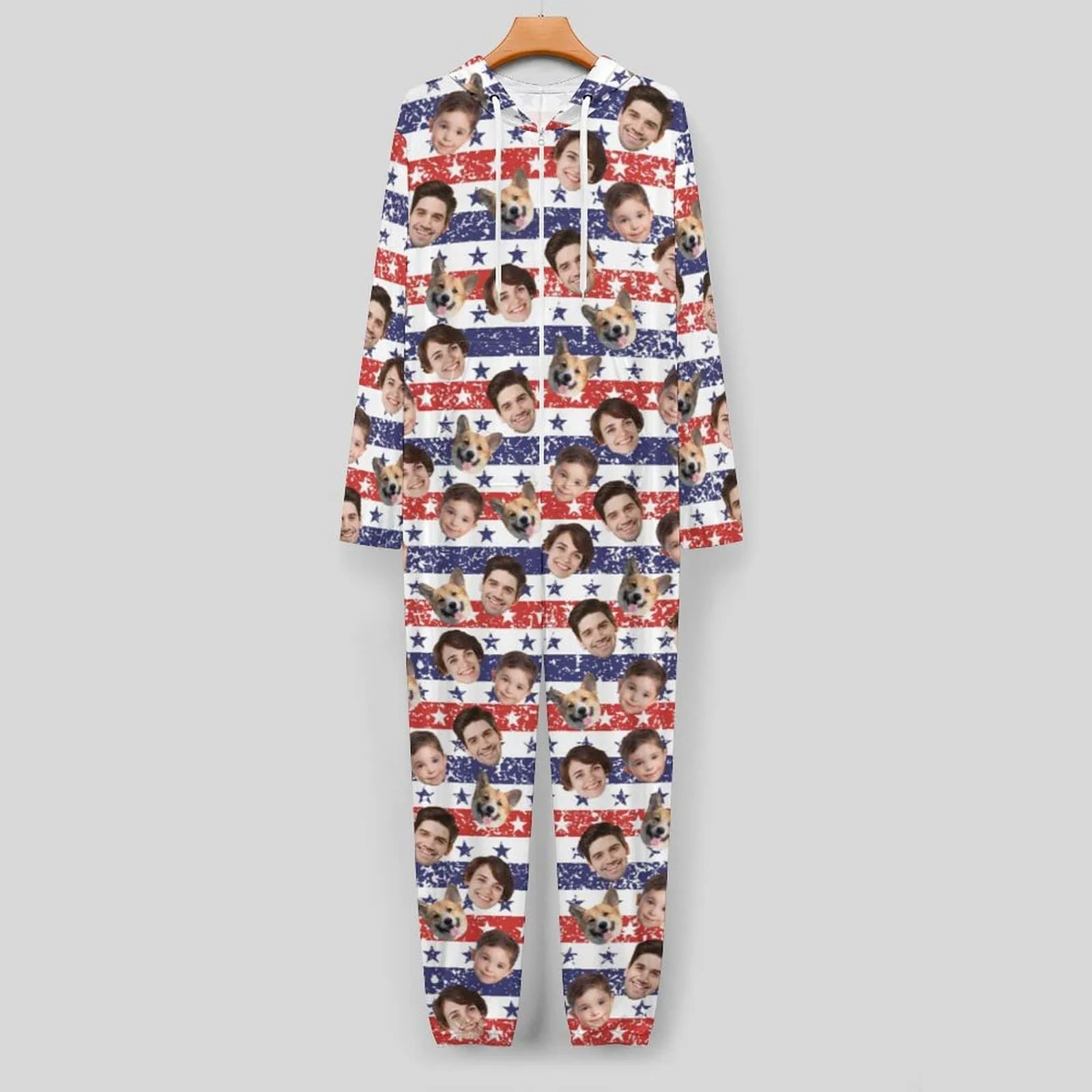 Custom Face American Flag Unisex Adult Hooded Onesie Jumpsuits with Pocket Personalized Zip One-piece Pajamas