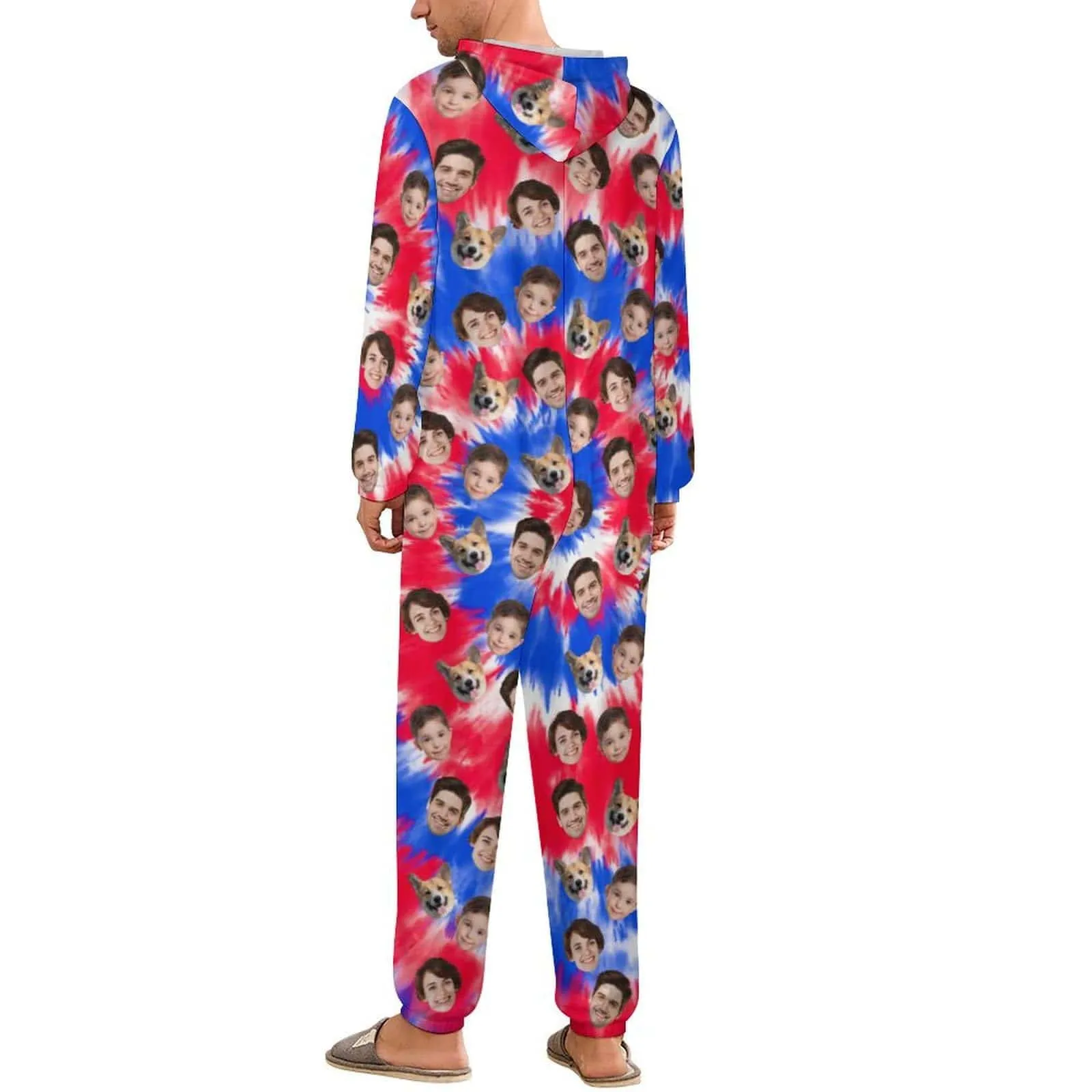 Custom Face American Flag Unisex Adult Hooded Onesie Jumpsuits with Pocket Personalized Zip One-piece Pajamas