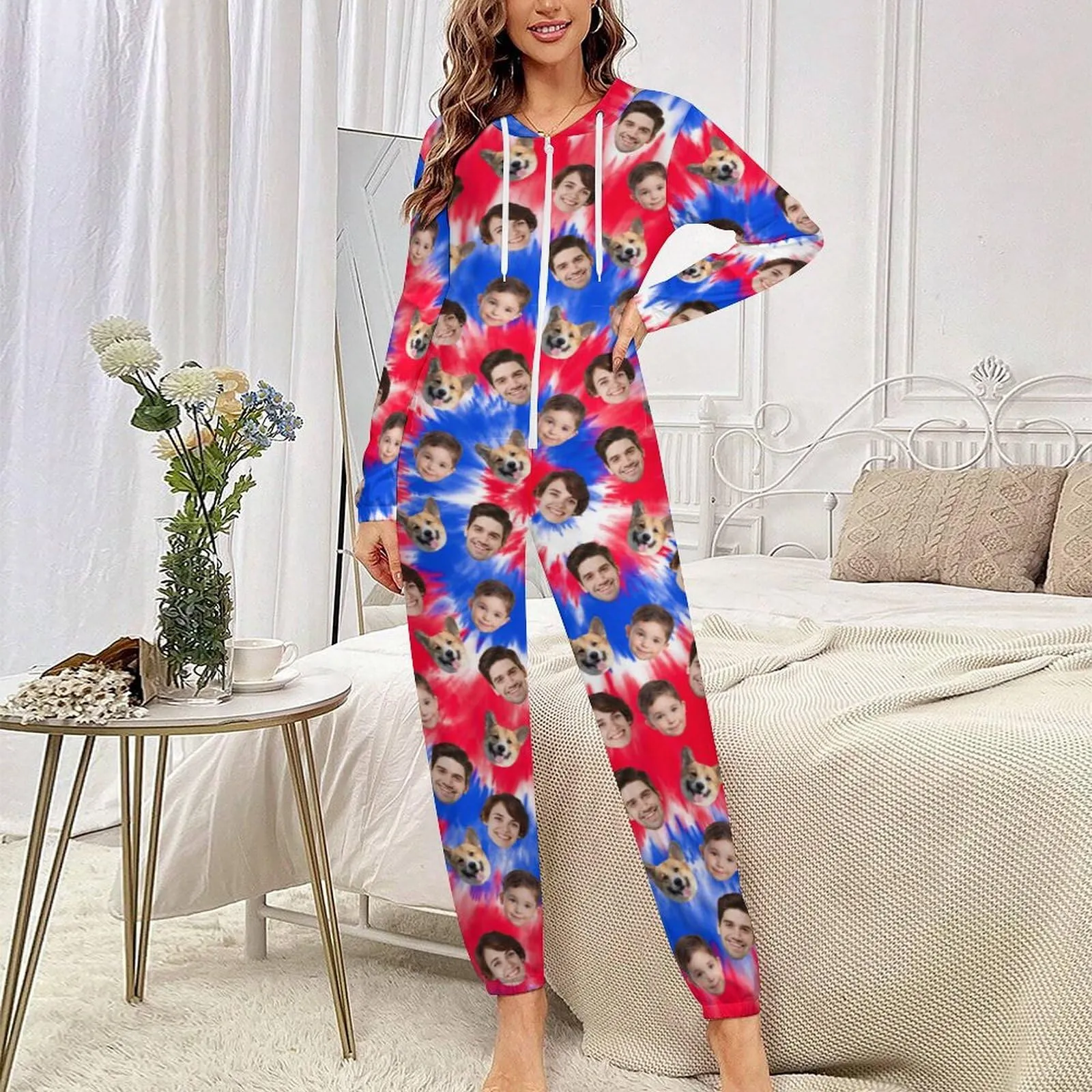 Custom Face American Flag Unisex Adult Hooded Onesie Jumpsuits with Pocket Personalized Zip One-piece Pajamas