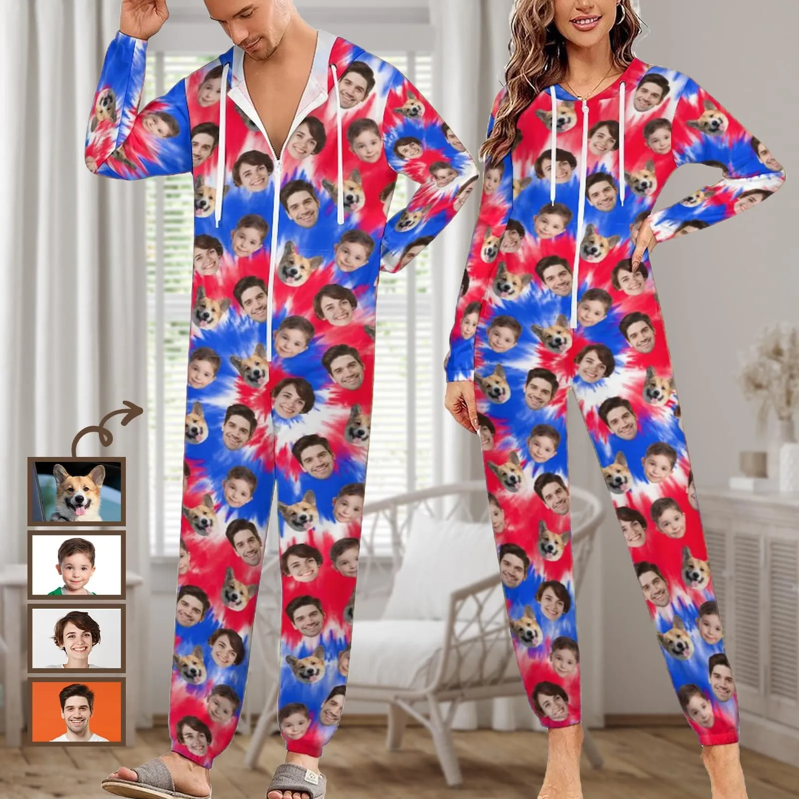Custom Face American Flag Unisex Adult Hooded Onesie Jumpsuits with Pocket Personalized Zip One-piece Pajamas