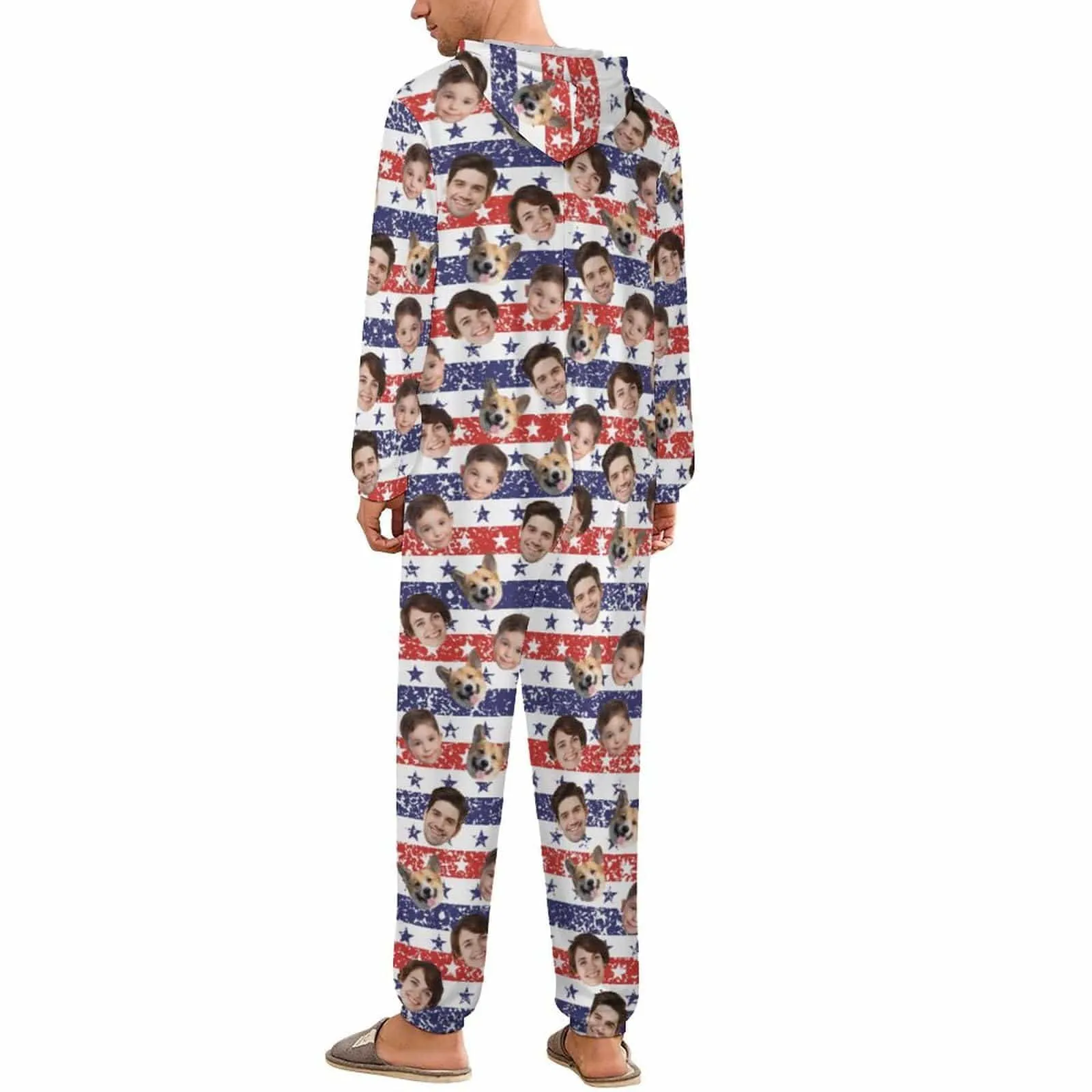 Custom Face American Flag Unisex Adult Hooded Onesie Jumpsuits with Pocket Personalized Zip One-piece Pajamas