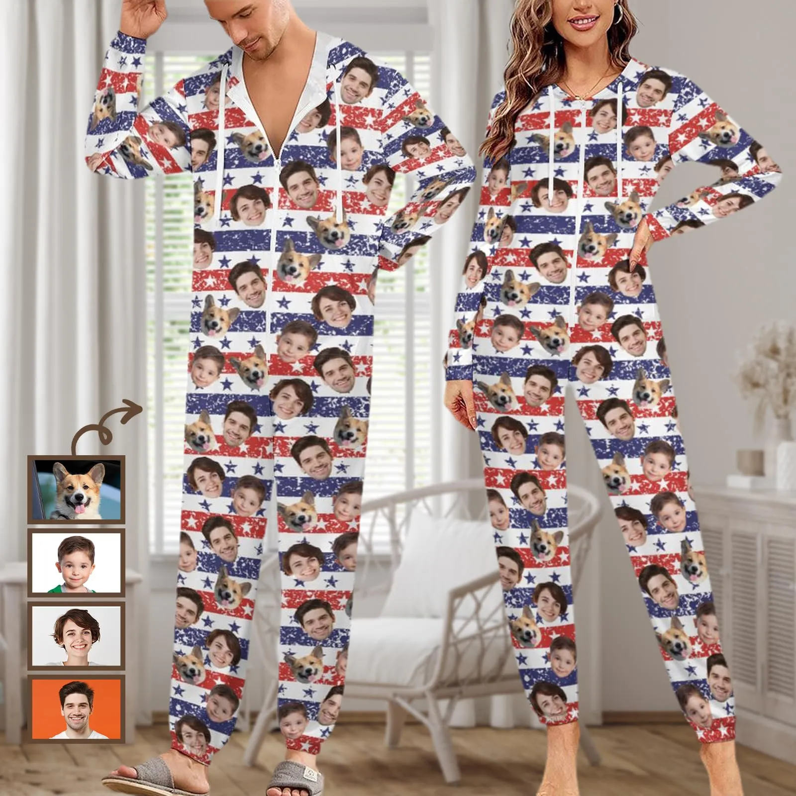 Custom Face American Flag Unisex Adult Hooded Onesie Jumpsuits with Pocket Personalized Zip One-piece Pajamas