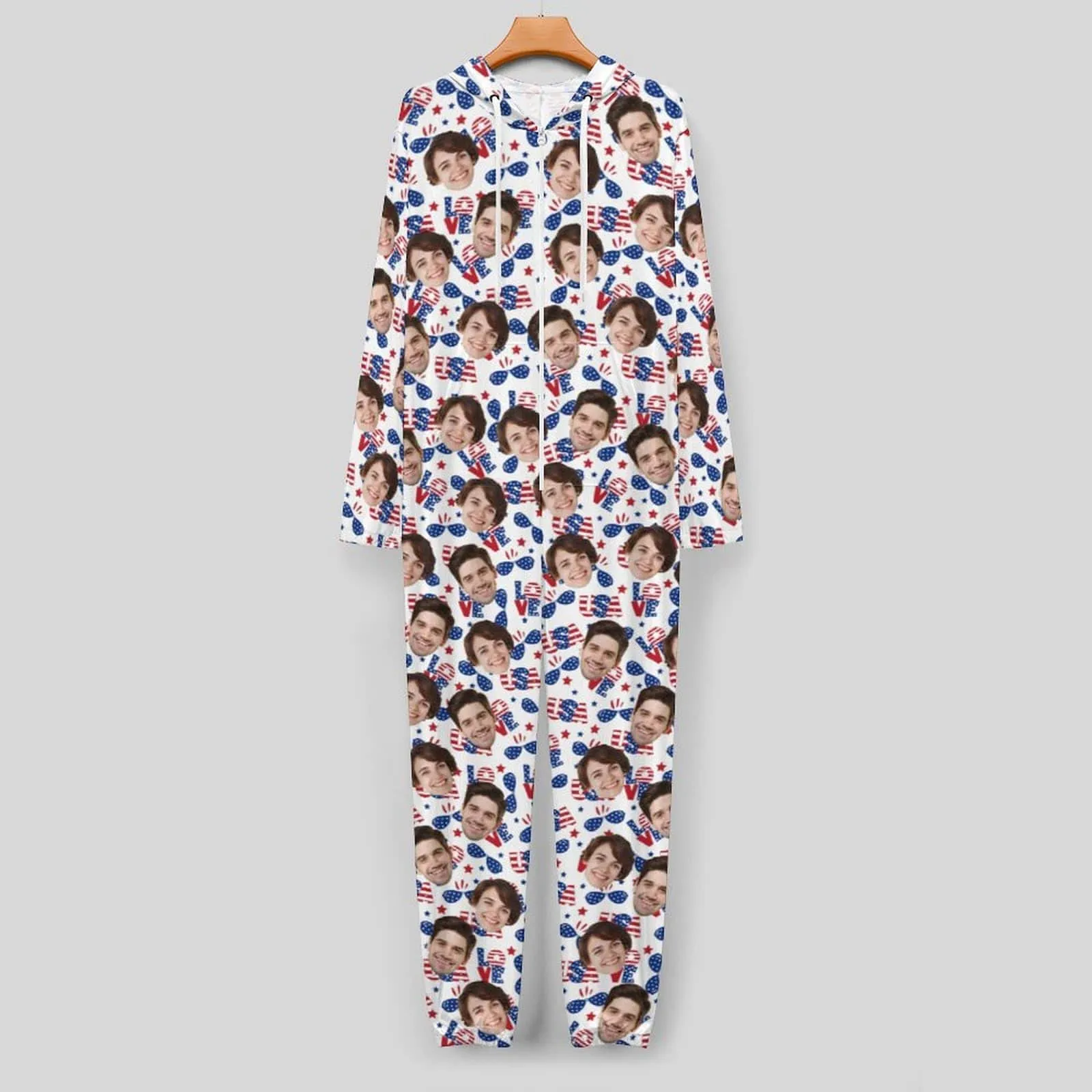 Custom Face American Flag Unisex Adult Hooded Onesie Jumpsuits with Pocket Personalized Zip One-piece Pajamas