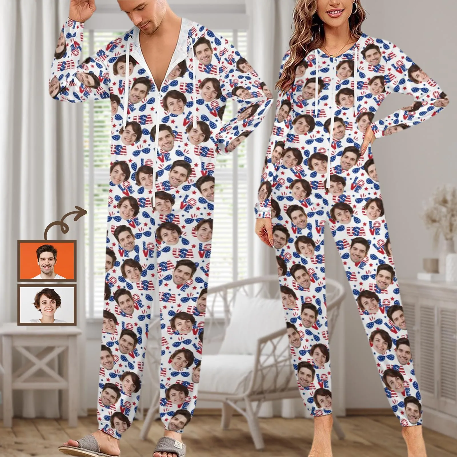 Custom Face American Flag Unisex Adult Hooded Onesie Jumpsuits with Pocket Personalized Zip One-piece Pajamas