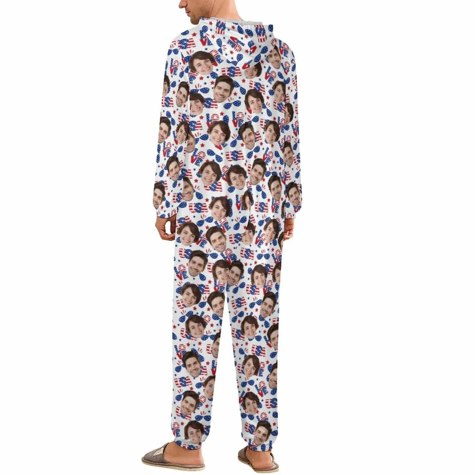 Custom Face American Flag Unisex Adult Hooded Onesie Jumpsuits with Pocket Personalized Zip One-piece Pajamas