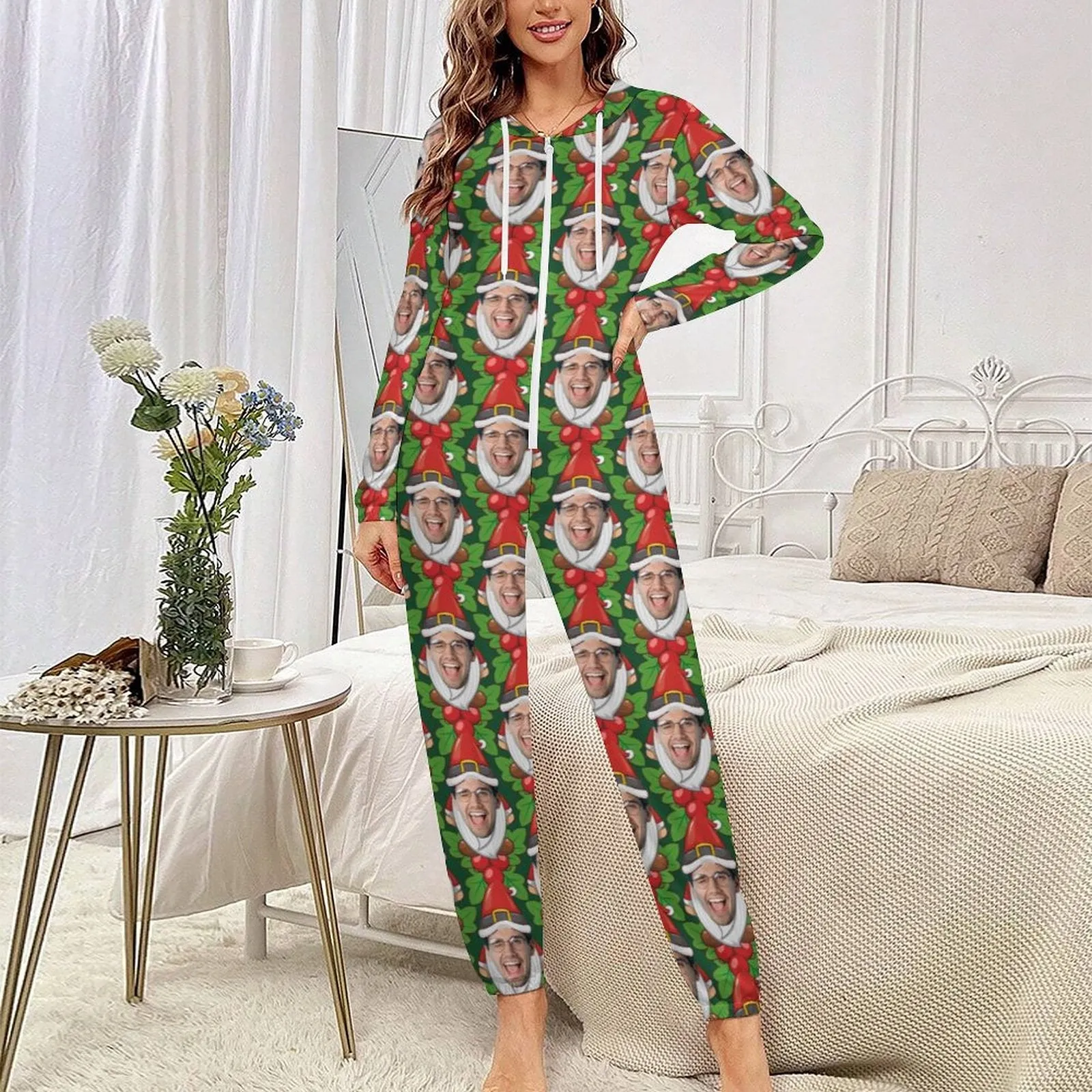 Custom Face Family Hooded Onesie Jumpsuits with Pocket Christmas Green Funny Personalized Zip One-piece Pajamas for Adult kids