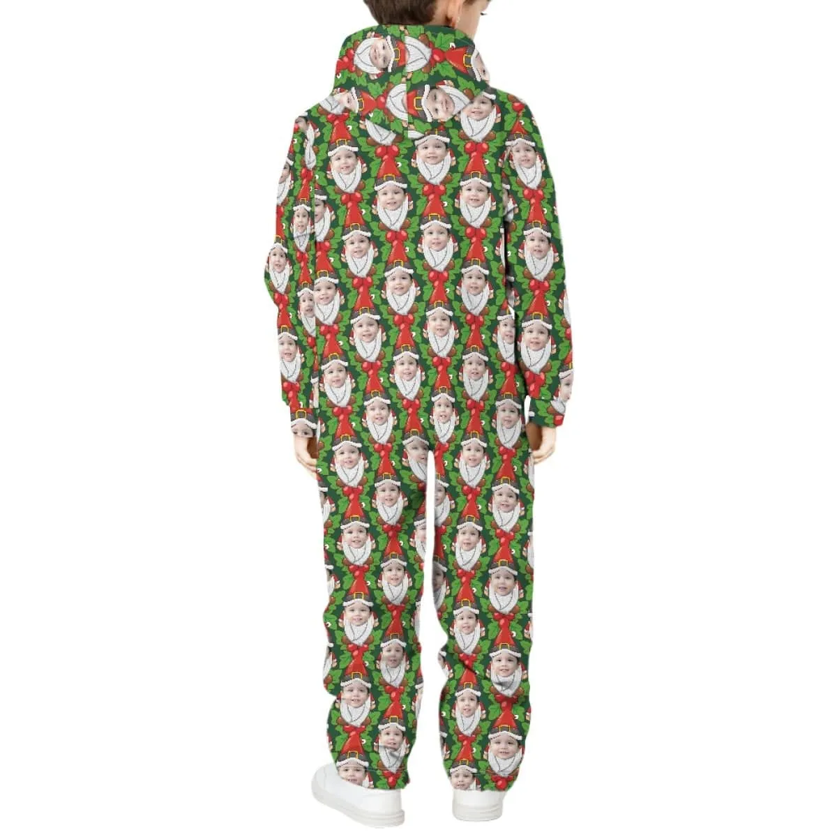 Custom Face Family Hooded Onesie Jumpsuits with Pocket Christmas Green Funny Personalized Zip One-piece Pajamas for Adult kids