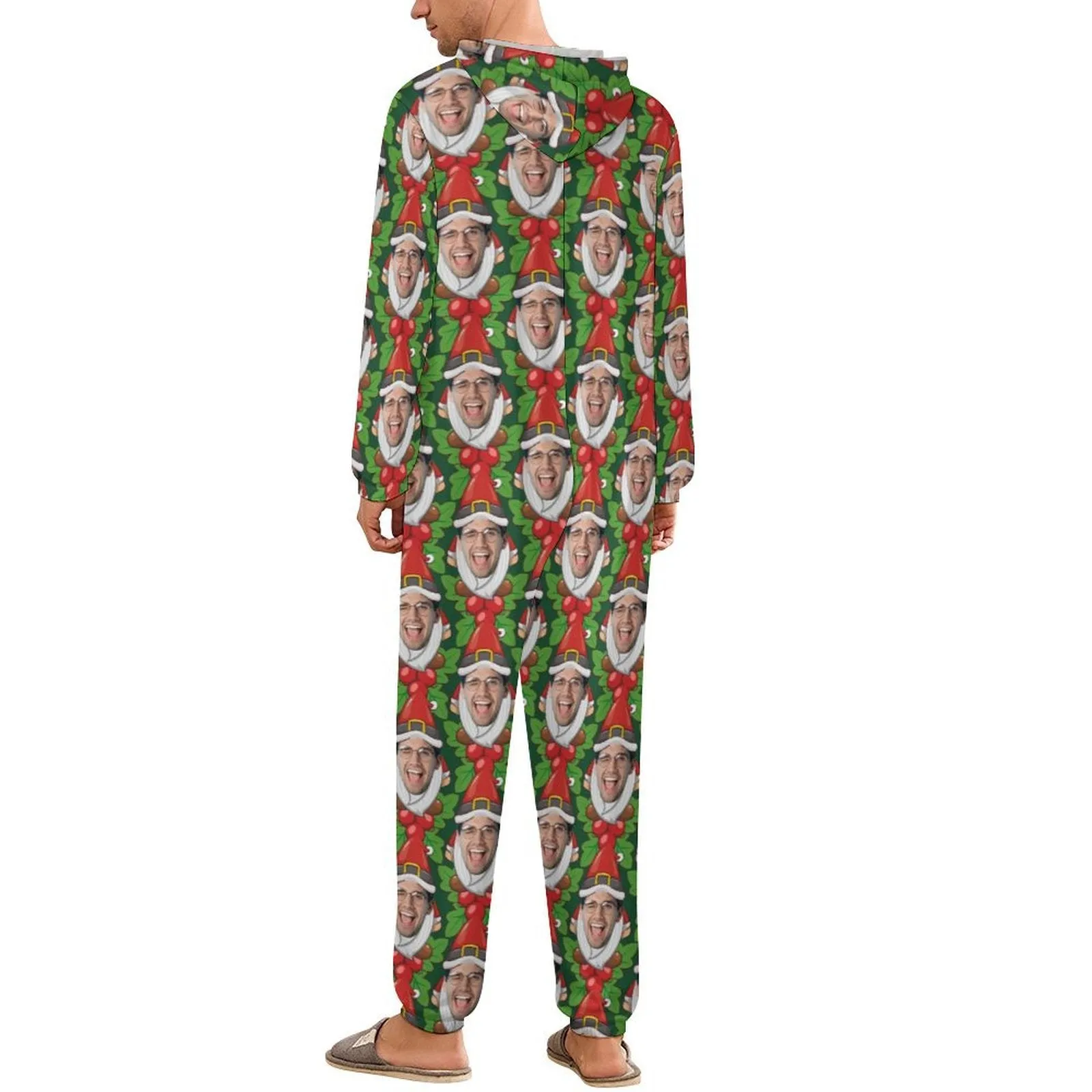 Custom Face Family Hooded Onesie Jumpsuits with Pocket Christmas Green Funny Personalized Zip One-piece Pajamas for Adult kids