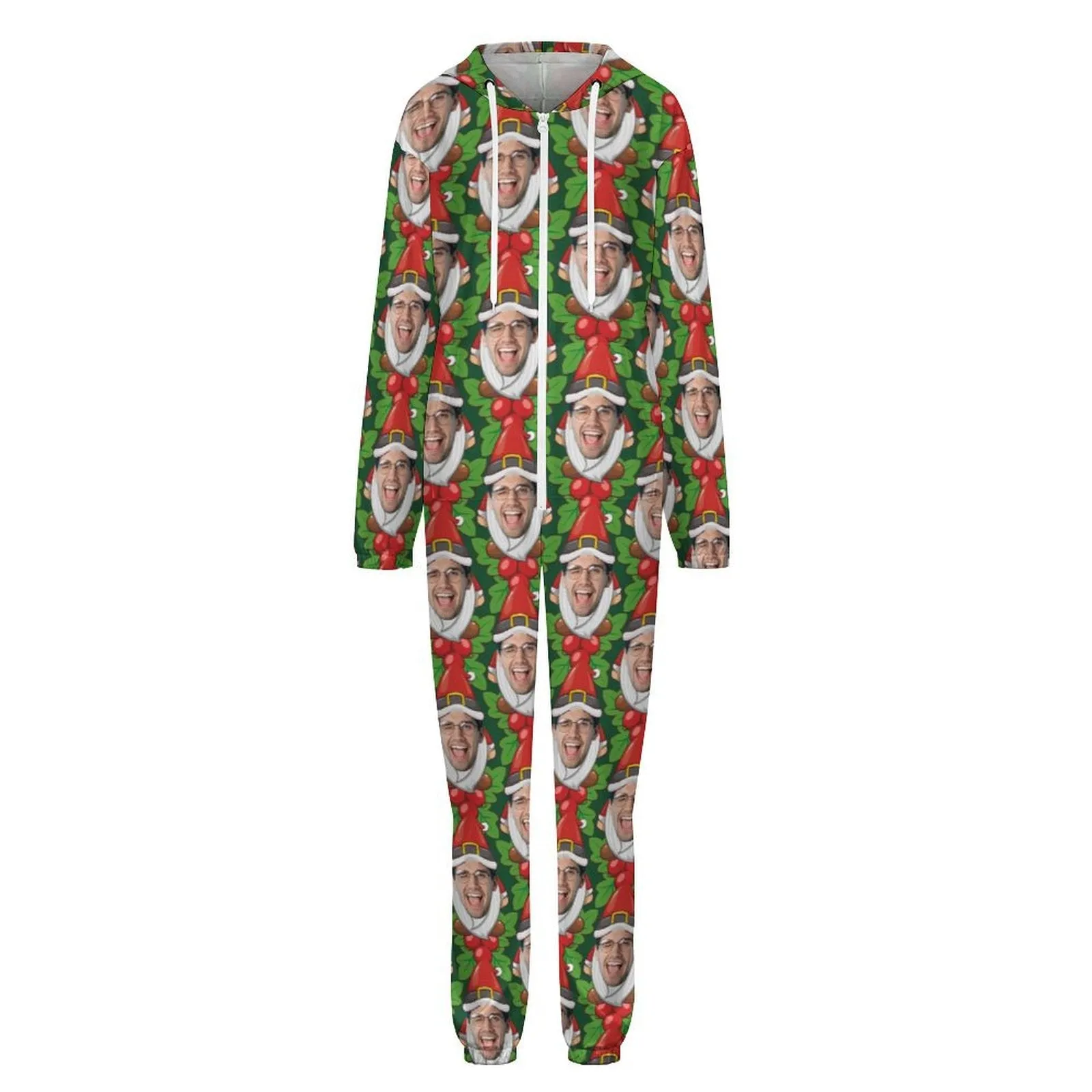 Custom Face Family Hooded Onesie Jumpsuits with Pocket Christmas Green Funny Personalized Zip One-piece Pajamas for Adult kids