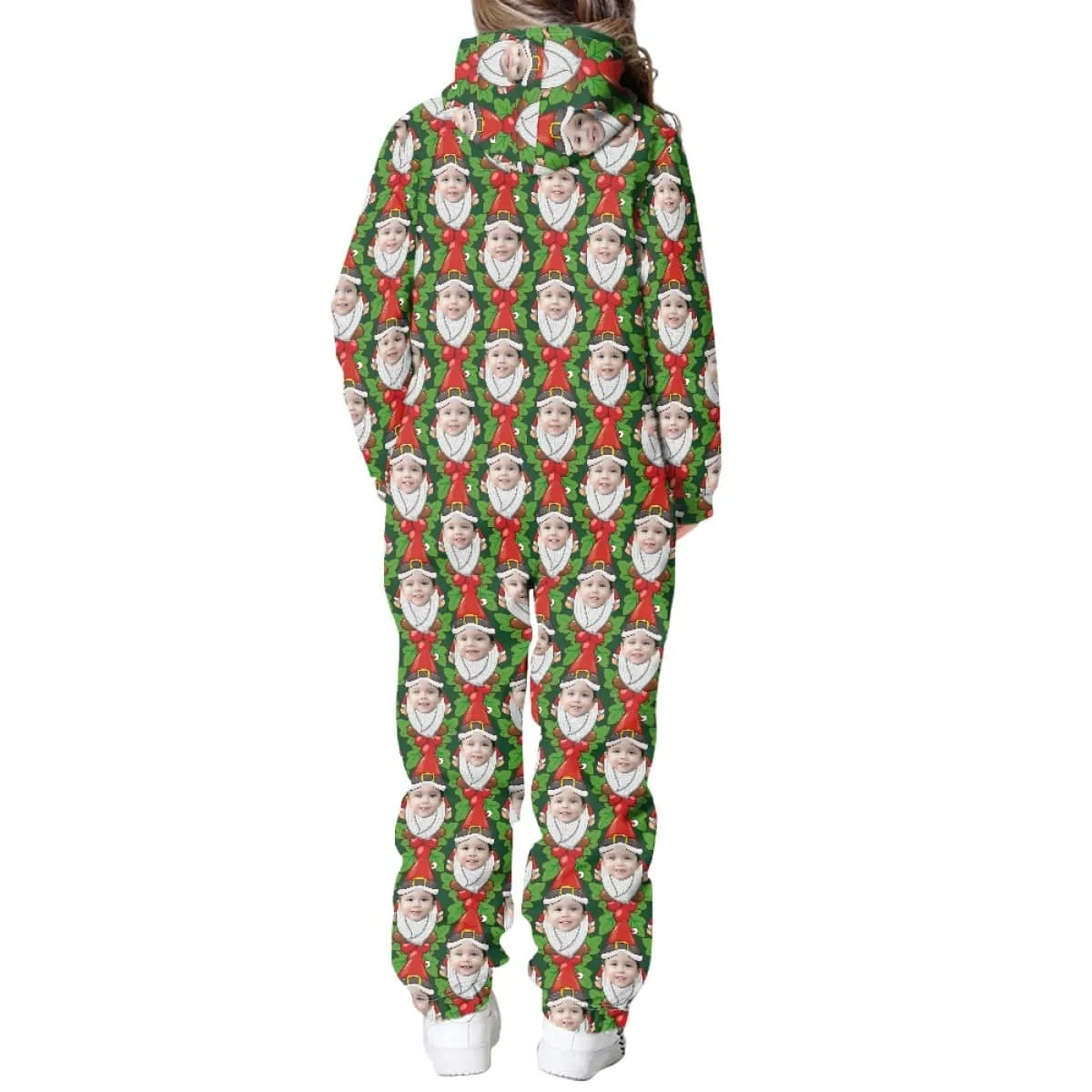 Custom Face Family Hooded Onesie Jumpsuits with Pocket Christmas Green Funny Personalized Zip One-piece Pajamas for Adult kids
