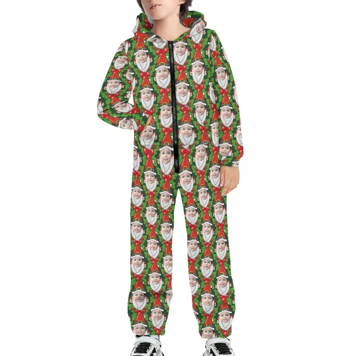 Custom Face Family Hooded Onesie Jumpsuits with Pocket Christmas Green Funny Personalized Zip One-piece Pajamas for Adult kids