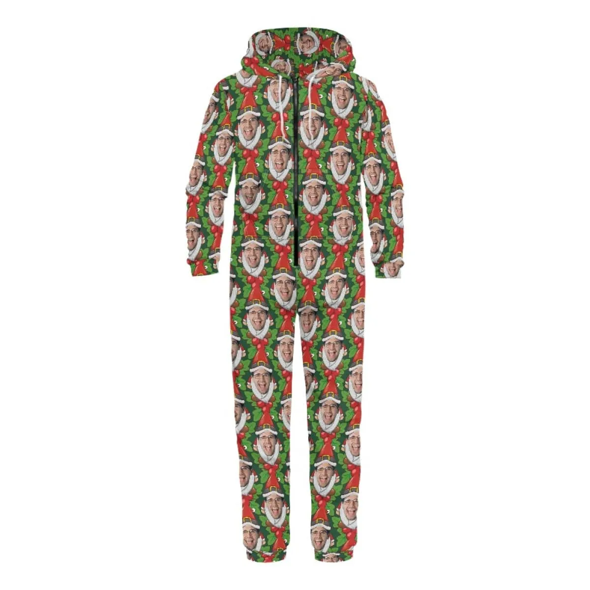 Custom Face Family Hooded Onesie Jumpsuits with Pocket Christmas Green Funny Personalized Zip One-piece Pajamas for Adult kids