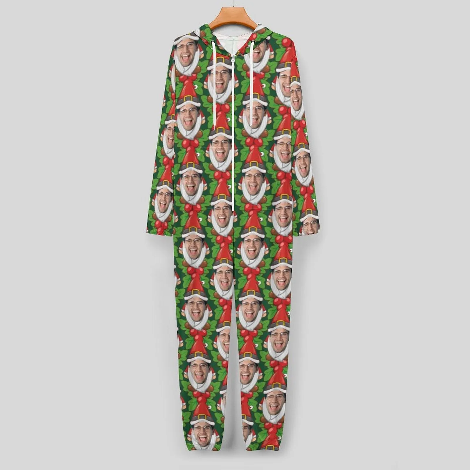 Custom Face Family Hooded Onesie Jumpsuits with Pocket Christmas Green Funny Personalized Zip One-piece Pajamas for Adult kids