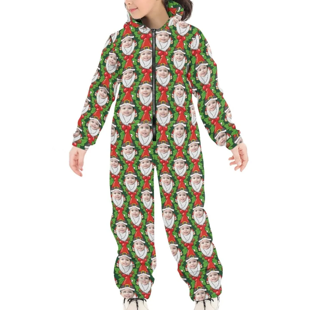 Custom Face Family Hooded Onesie Jumpsuits with Pocket Christmas Green Funny Personalized Zip One-piece Pajamas for Adult kids