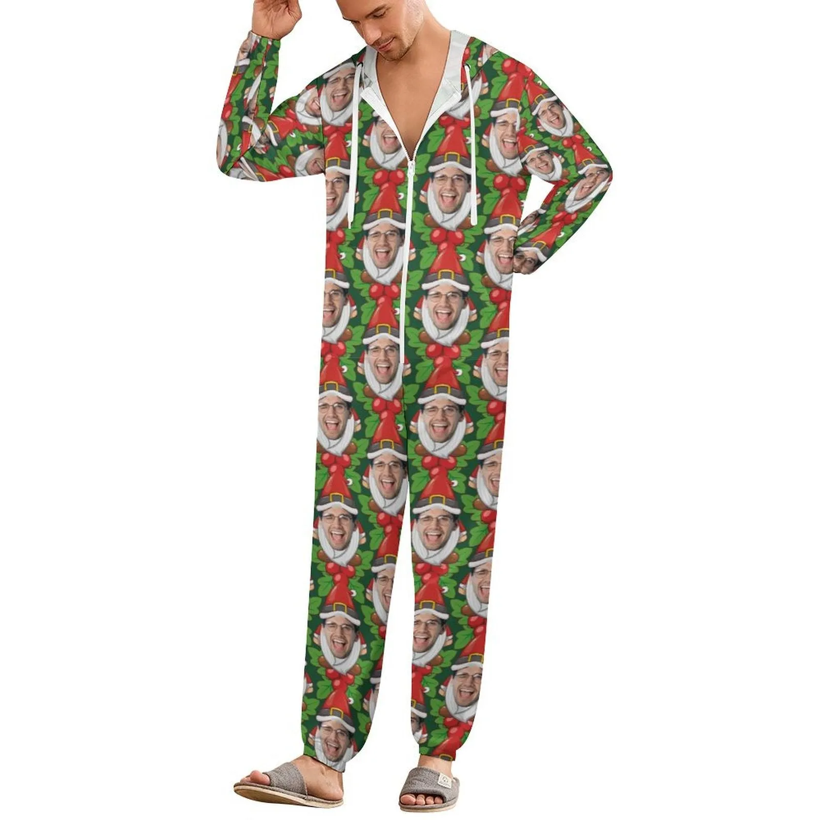 Custom Face Family Hooded Onesie Jumpsuits with Pocket Christmas Green Funny Personalized Zip One-piece Pajamas for Adult kids