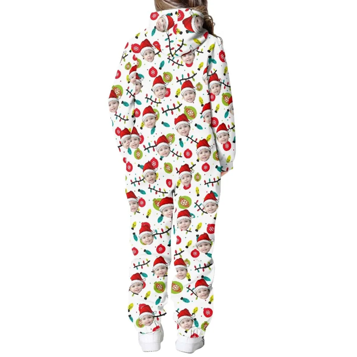 Custom Face Family Hooded Onesie Jumpsuits with Pocket Christmas White Personalized Zip One-piece Pajamas for Adult kids