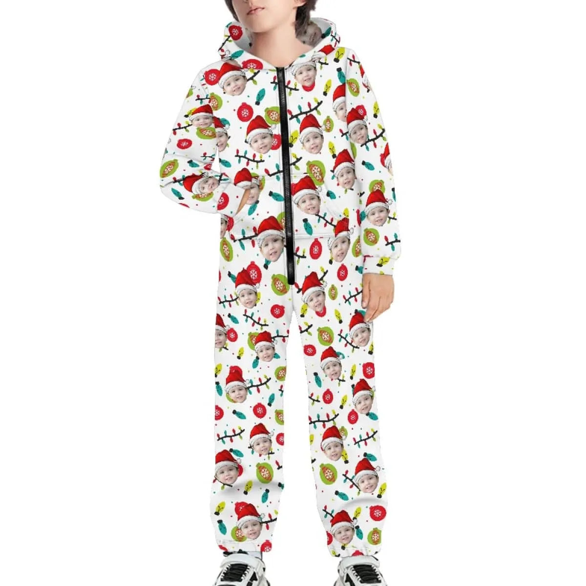 Custom Face Family Hooded Onesie Jumpsuits with Pocket Christmas White Personalized Zip One-piece Pajamas for Adult kids