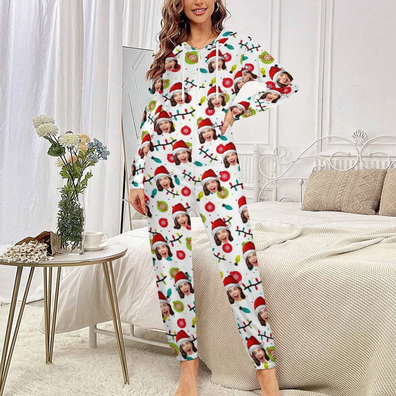 Custom Face Family Hooded Onesie Jumpsuits with Pocket Christmas White Personalized Zip One-piece Pajamas for Adult kids
