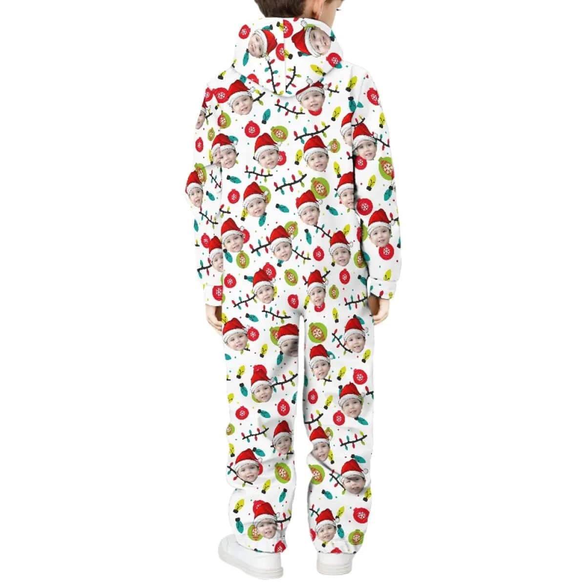 Custom Face Family Hooded Onesie Jumpsuits with Pocket Christmas White Personalized Zip One-piece Pajamas for Adult kids