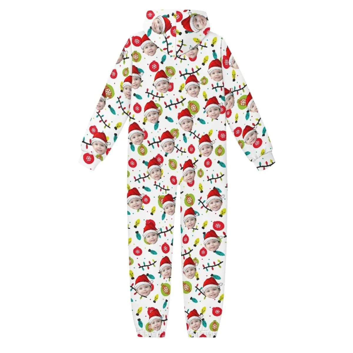 Custom Face Family Hooded Onesie Jumpsuits with Pocket Christmas White Personalized Zip One-piece Pajamas for Adult kids