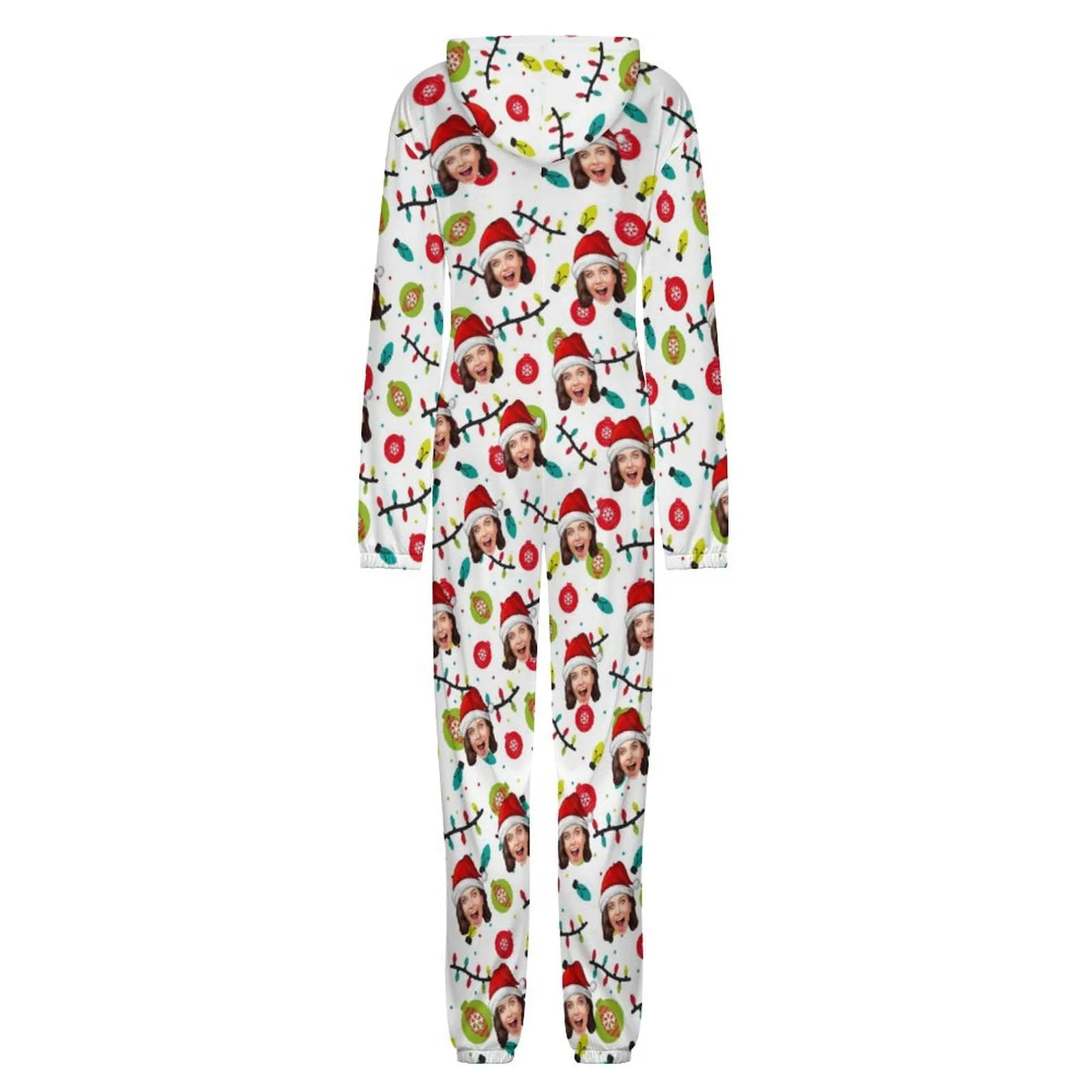 Custom Face Family Hooded Onesie Jumpsuits with Pocket Christmas White Personalized Zip One-piece Pajamas for Adult kids