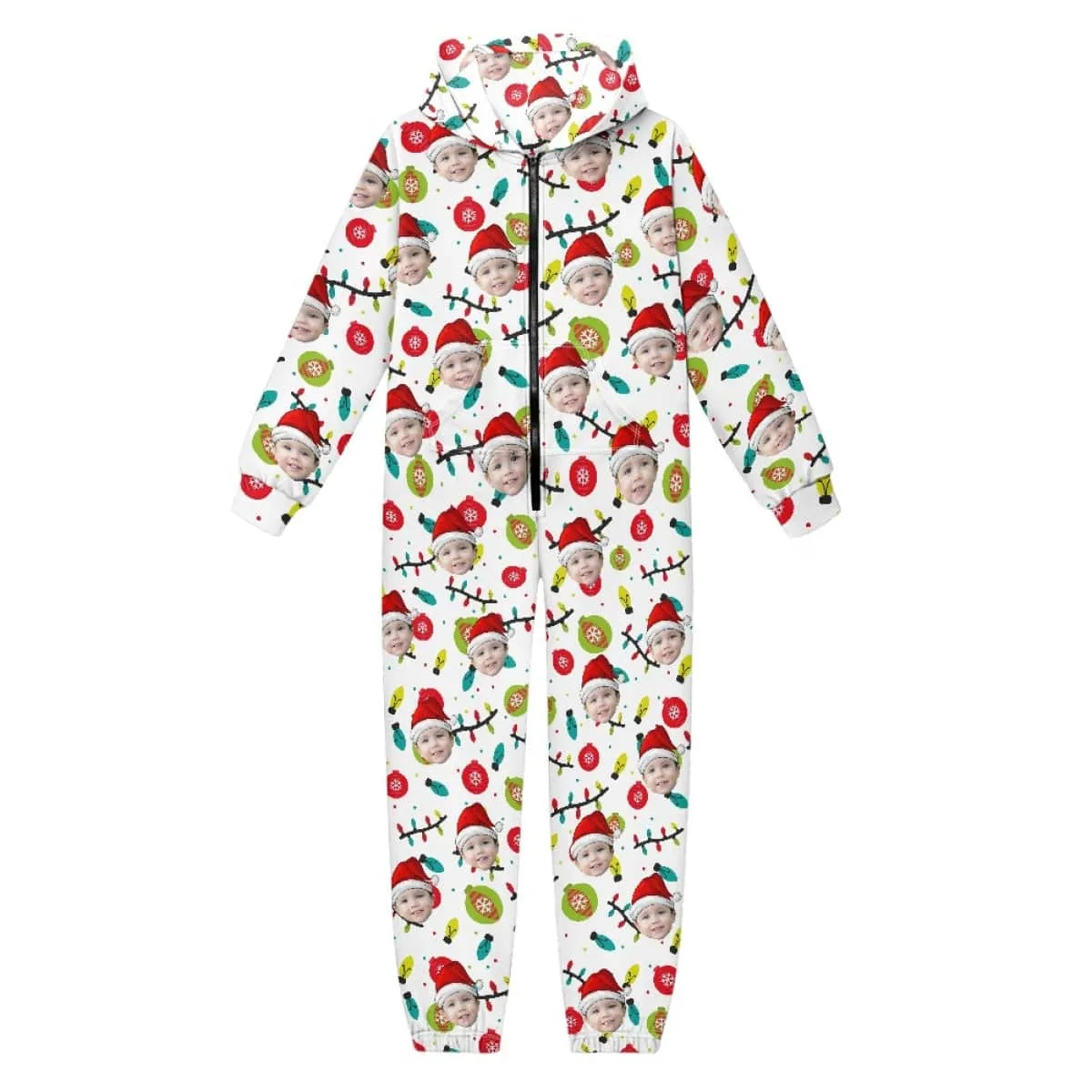 Custom Face Family Hooded Onesie Jumpsuits with Pocket Christmas White Personalized Zip One-piece Pajamas for Adult kids