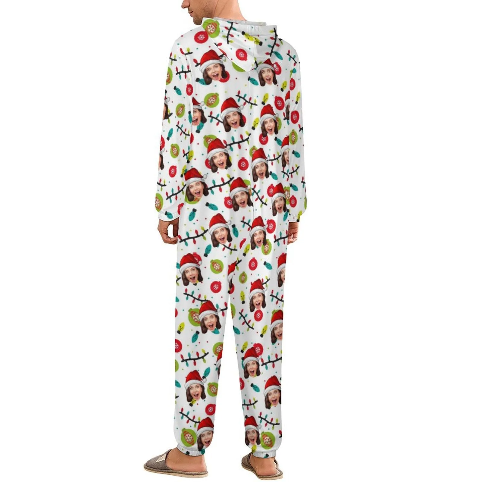Custom Face Family Hooded Onesie Jumpsuits with Pocket Christmas White Personalized Zip One-piece Pajamas for Adult kids