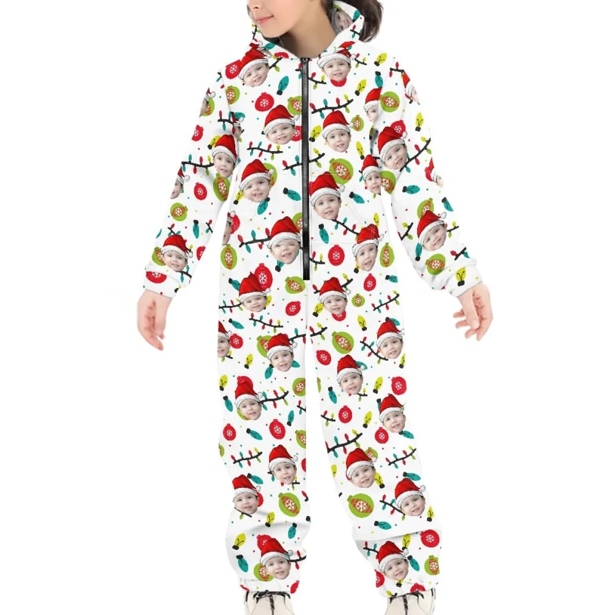 Custom Face Family Hooded Onesie Jumpsuits with Pocket Christmas White Personalized Zip One-piece Pajamas for Adult kids