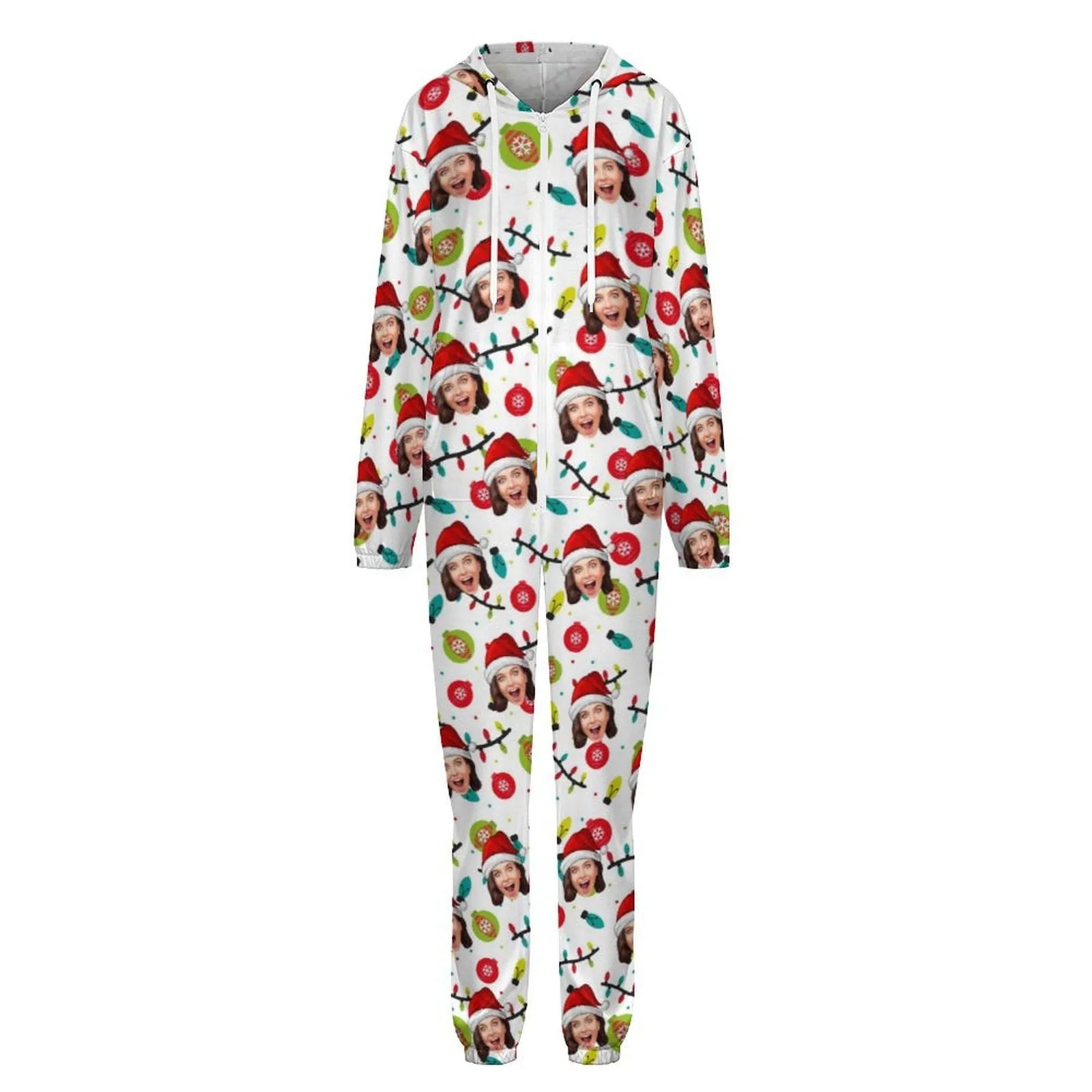 Custom Face Family Hooded Onesie Jumpsuits with Pocket Christmas White Personalized Zip One-piece Pajamas for Adult kids