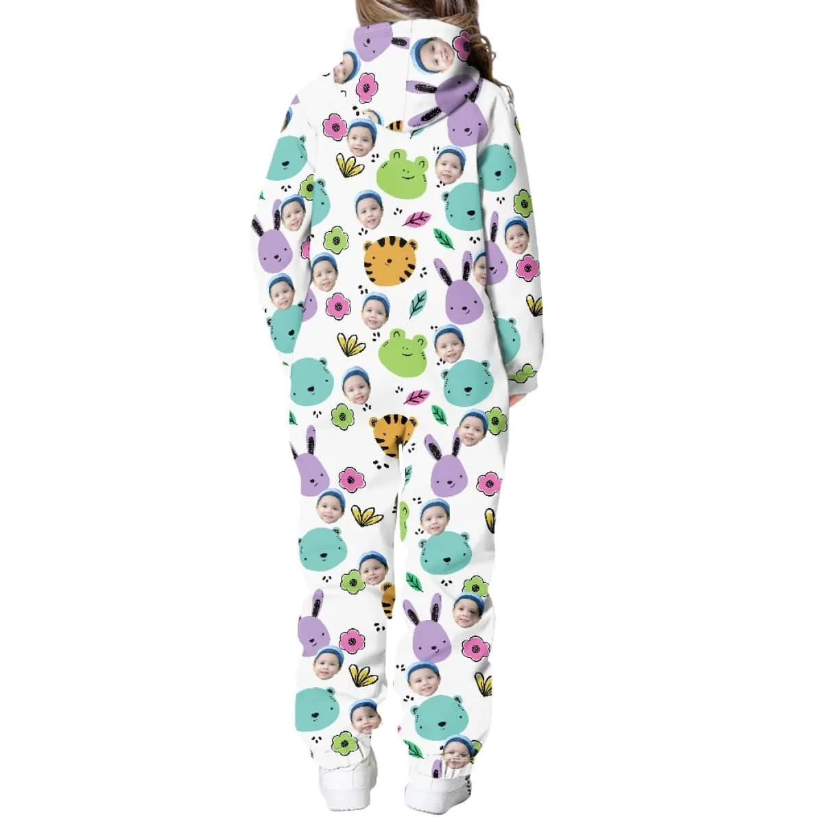 Custom Face Flowers Animals Unisex Jumpsuits Zip Up Hoodie Onesie with Pockets for Kids Boys Girls
