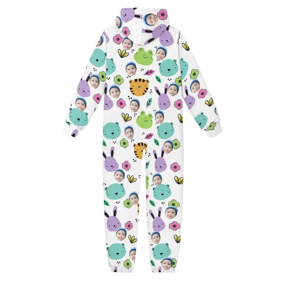 Custom Face Flowers Animals Unisex Jumpsuits Zip Up Hoodie Onesie with Pockets for Kids Boys Girls