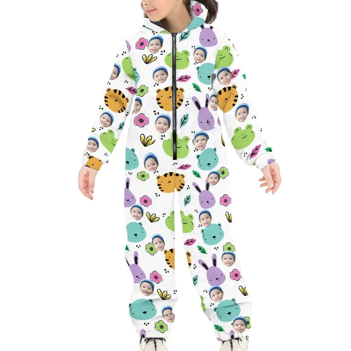 Custom Face Flowers Animals Unisex Jumpsuits Zip Up Hoodie Onesie with Pockets for Kids Boys Girls