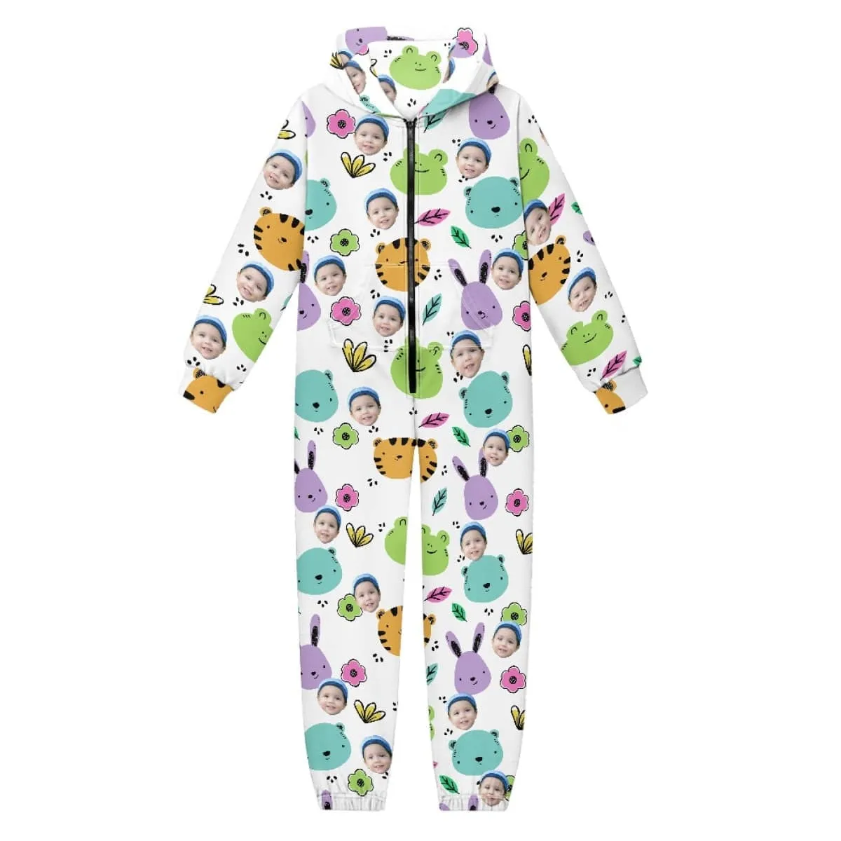 Custom Face Flowers Animals Unisex Jumpsuits Zip Up Hoodie Onesie with Pockets for Kids Boys Girls