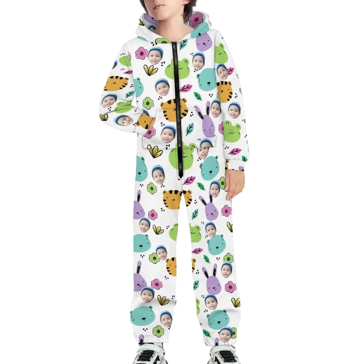 Custom Face Flowers Animals Unisex Jumpsuits Zip Up Hoodie Onesie with Pockets for Kids Boys Girls