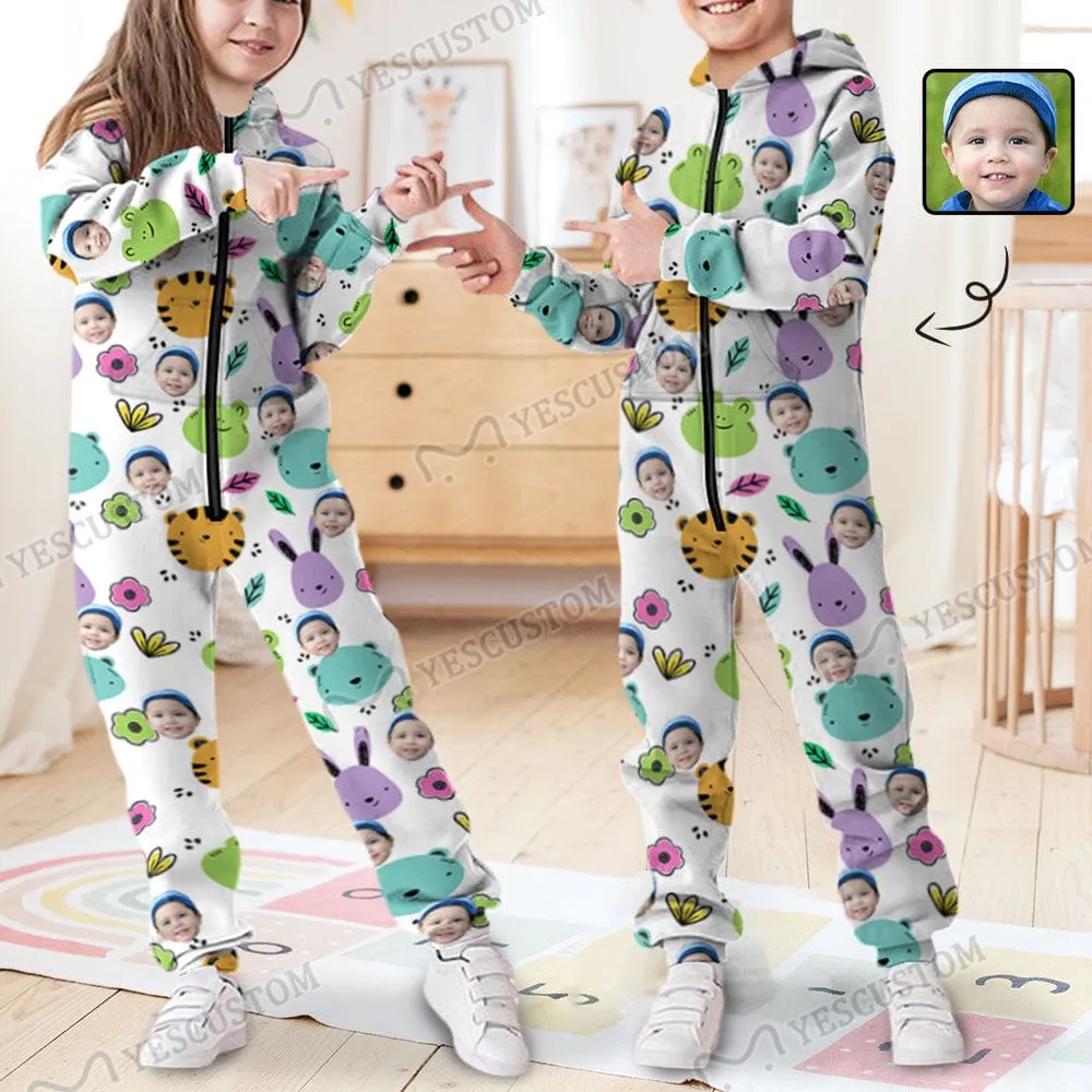 Custom Face Flowers Animals Unisex Jumpsuits Zip Up Hoodie Onesie with Pockets for Kids Boys Girls