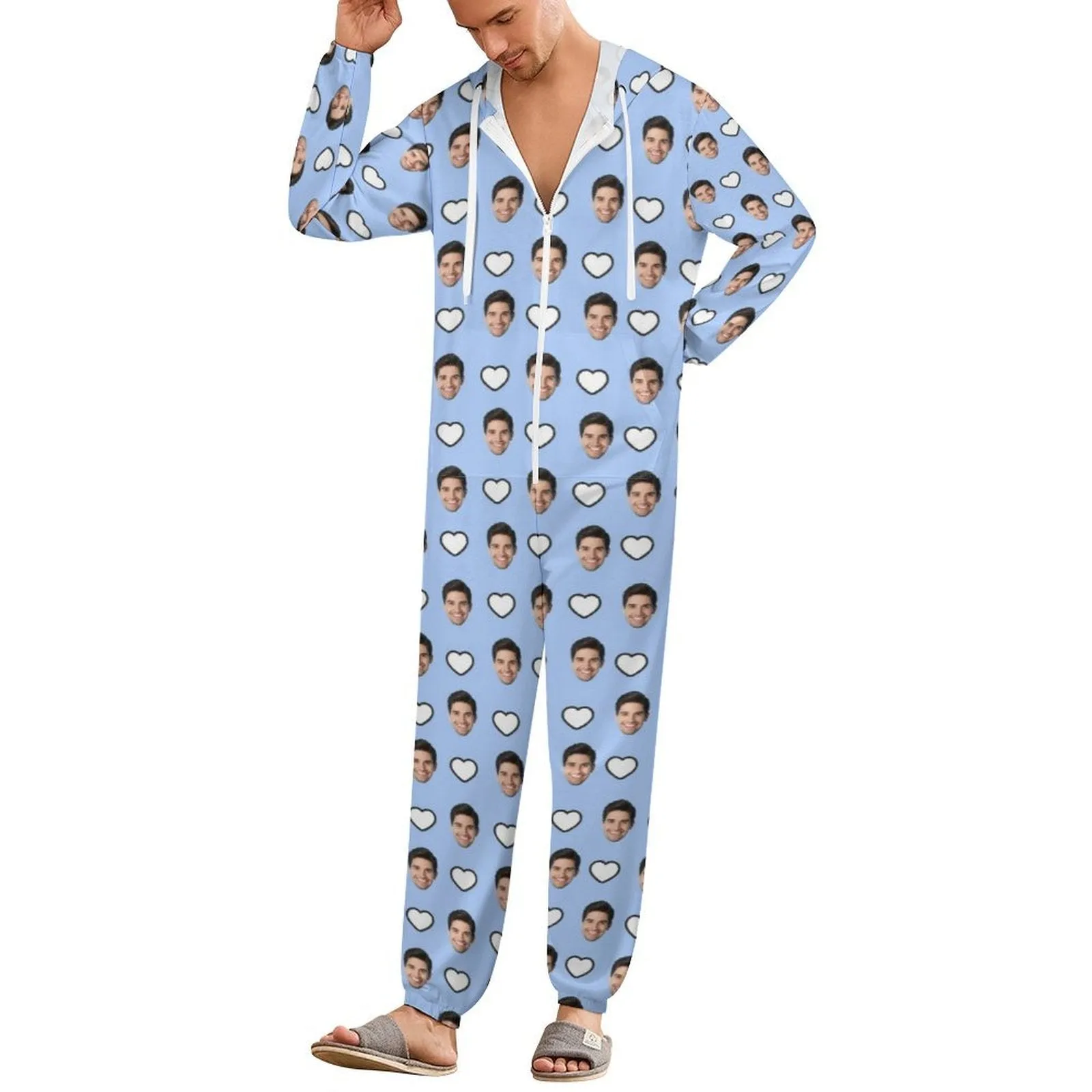 Custom Face Pink and Blue Unisex Adult Hooded Onesie Jumpsuits with Pocket Personalized Zip One-piece Pajamas for Couple Valentine's Day Gift