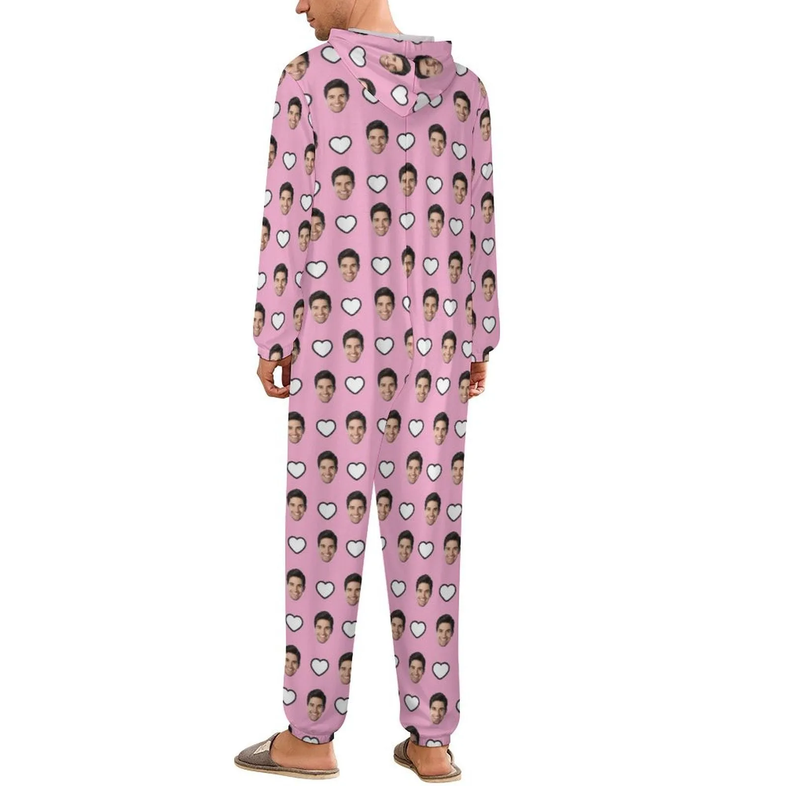 Custom Face Pink and Blue Unisex Adult Hooded Onesie Jumpsuits with Pocket Personalized Zip One-piece Pajamas for Couple Valentine's Day Gift